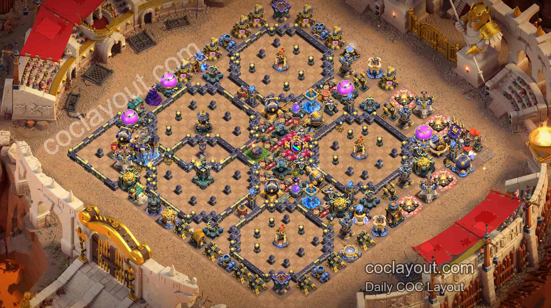 Beste anti-3-stjerners TH18-klankrigsbaser for Clash of Clans - Home Village TH18 Basebilde