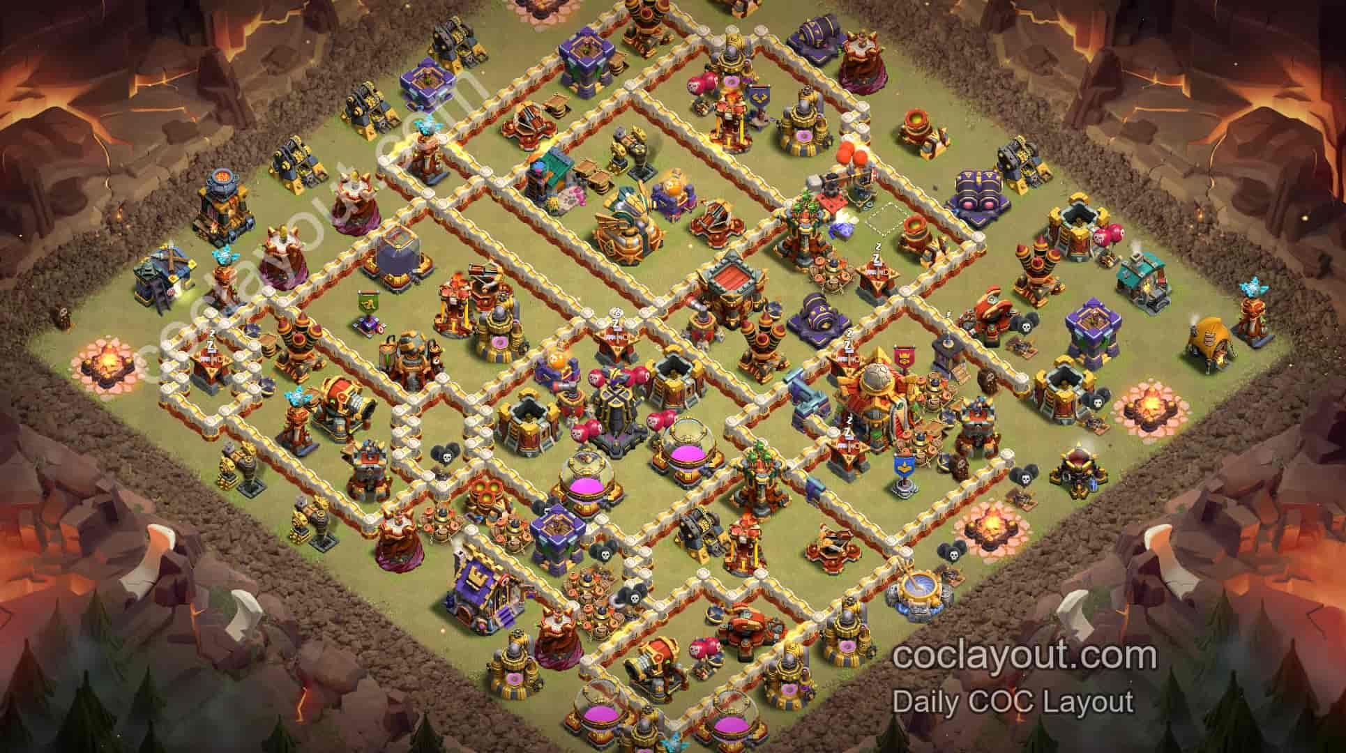 COC TH16 部落戰格子陣：雙毒藥法術塔偏本防線 - 主世界 16本 陣型圖