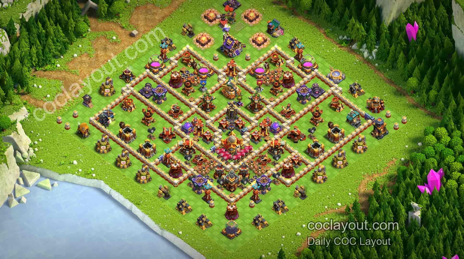 COC TH16 部落戰格子陣：雙狂暴法術塔偏本強防守 - 主世界 16本 陣型圖
