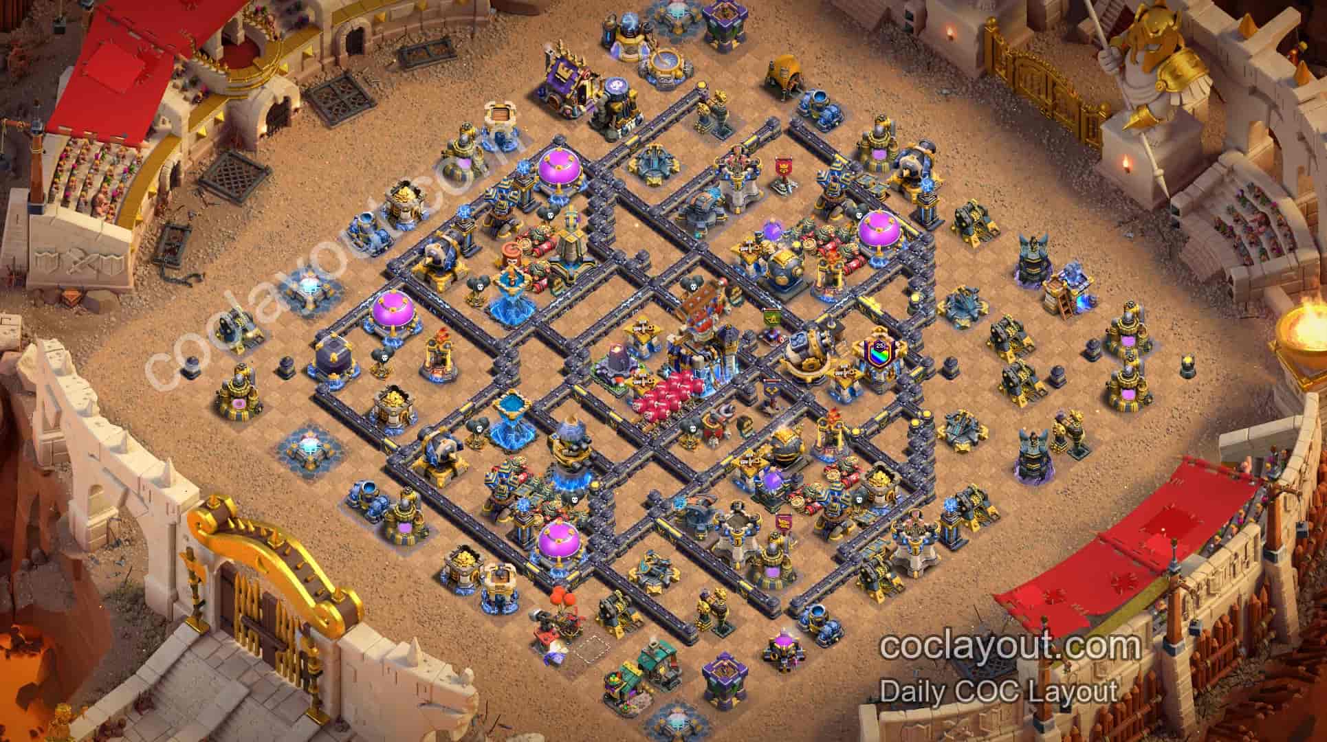 Best TH18 Clan War Grid Pathing Base: Double Rage Tower Core Defense, Central Town Hall Makes 3 Stars Difficult - Home Village TH18 Base Image