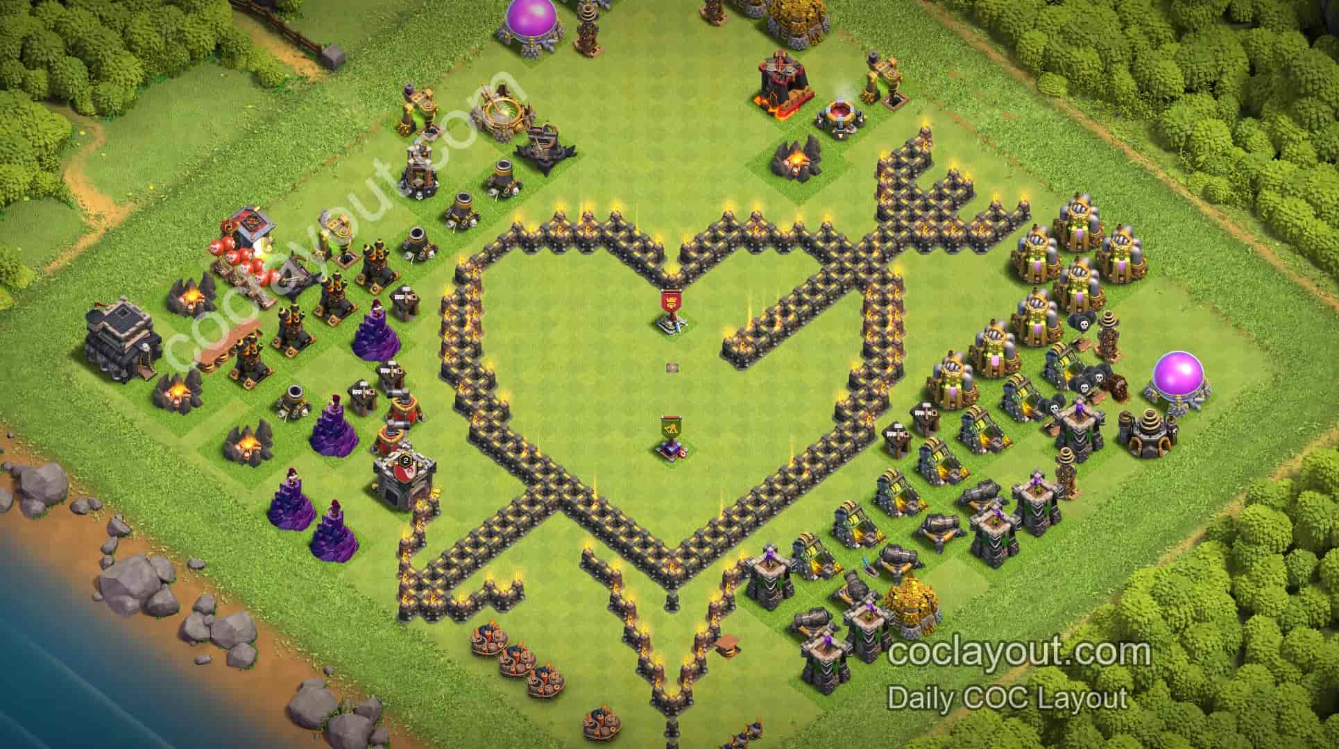 Best TH9 Clan War Base Layout | Cupid Heart Creative Layout Showcase - Home Village TH9 Base Image