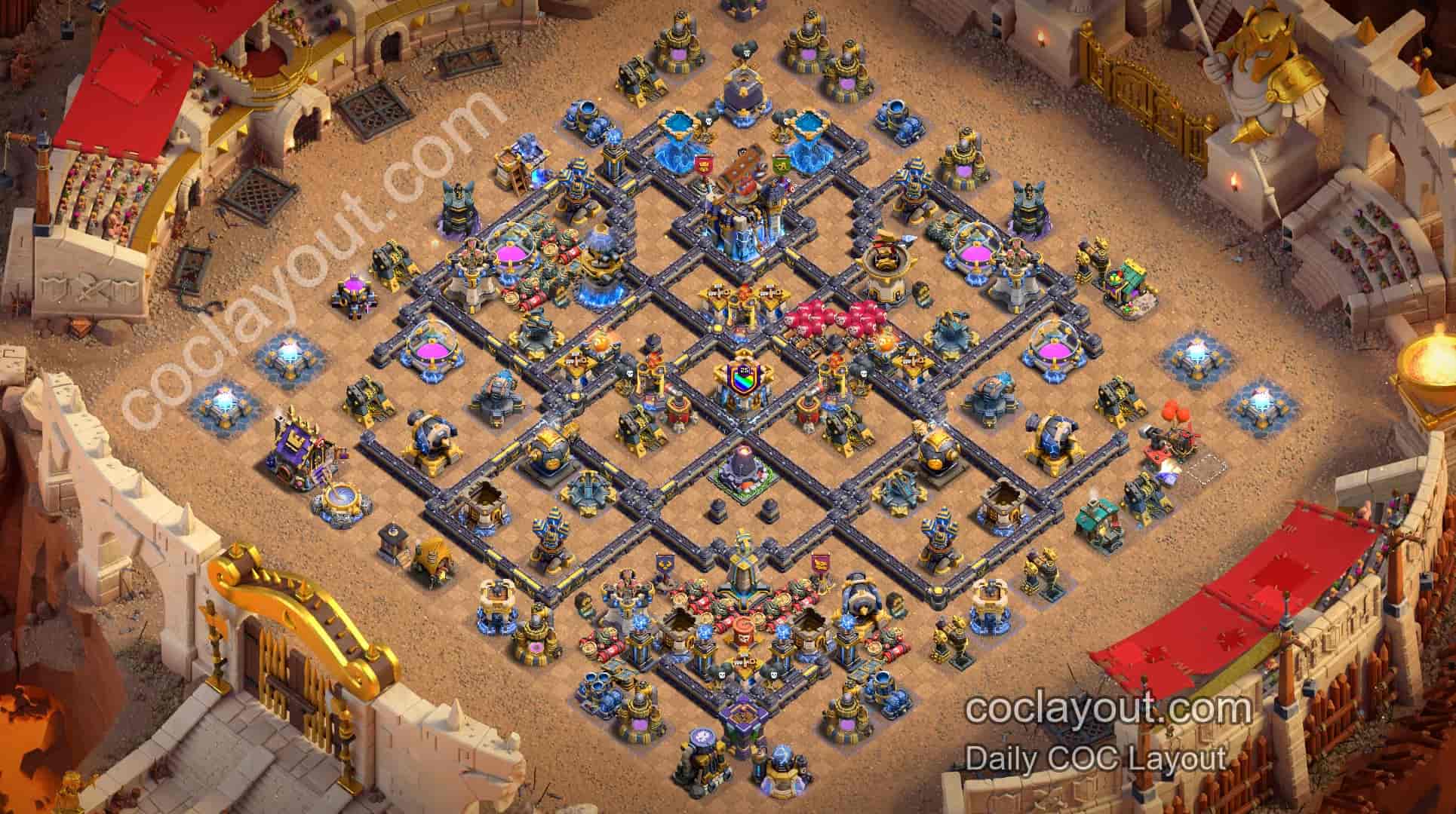 COC TH18 Strong Clan War Pathing Base: Double Poison Spell Towers + Offset Town Hall Protected by Heroes, Hard to Triple - Home Village TH18 Base Image