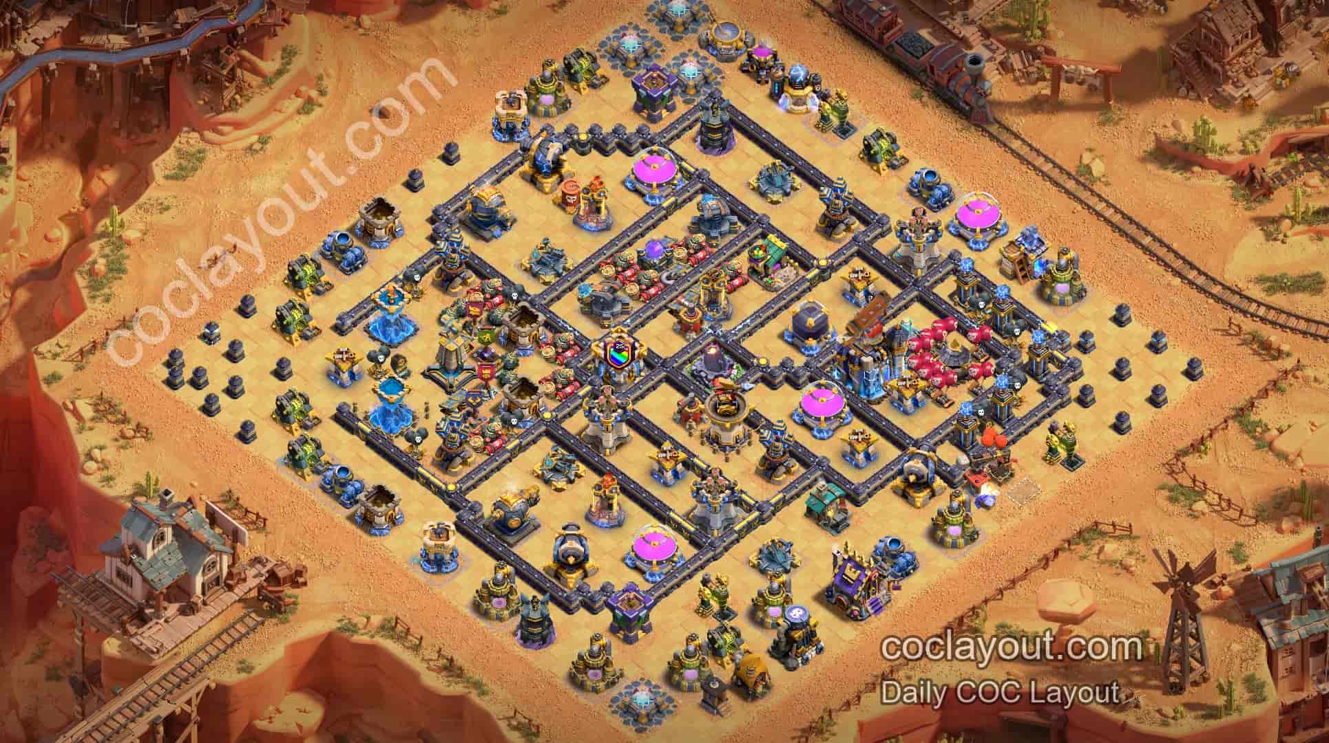 Best TH18 Symmetrical War Pathing Base: Offset Town Hall with Invisibility and Rage Towers for Stronger Core Defense - Home Village TH18 Base Image