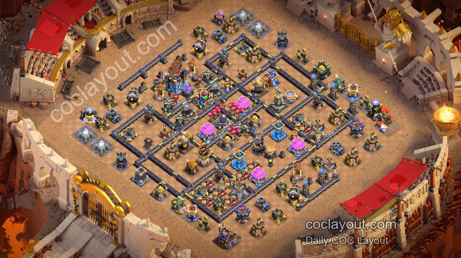 TH18 Clan War & Legend League Box Base: Offset Town Hall with Rage and Poison Spell Towers - Home Village TH18 Base Image