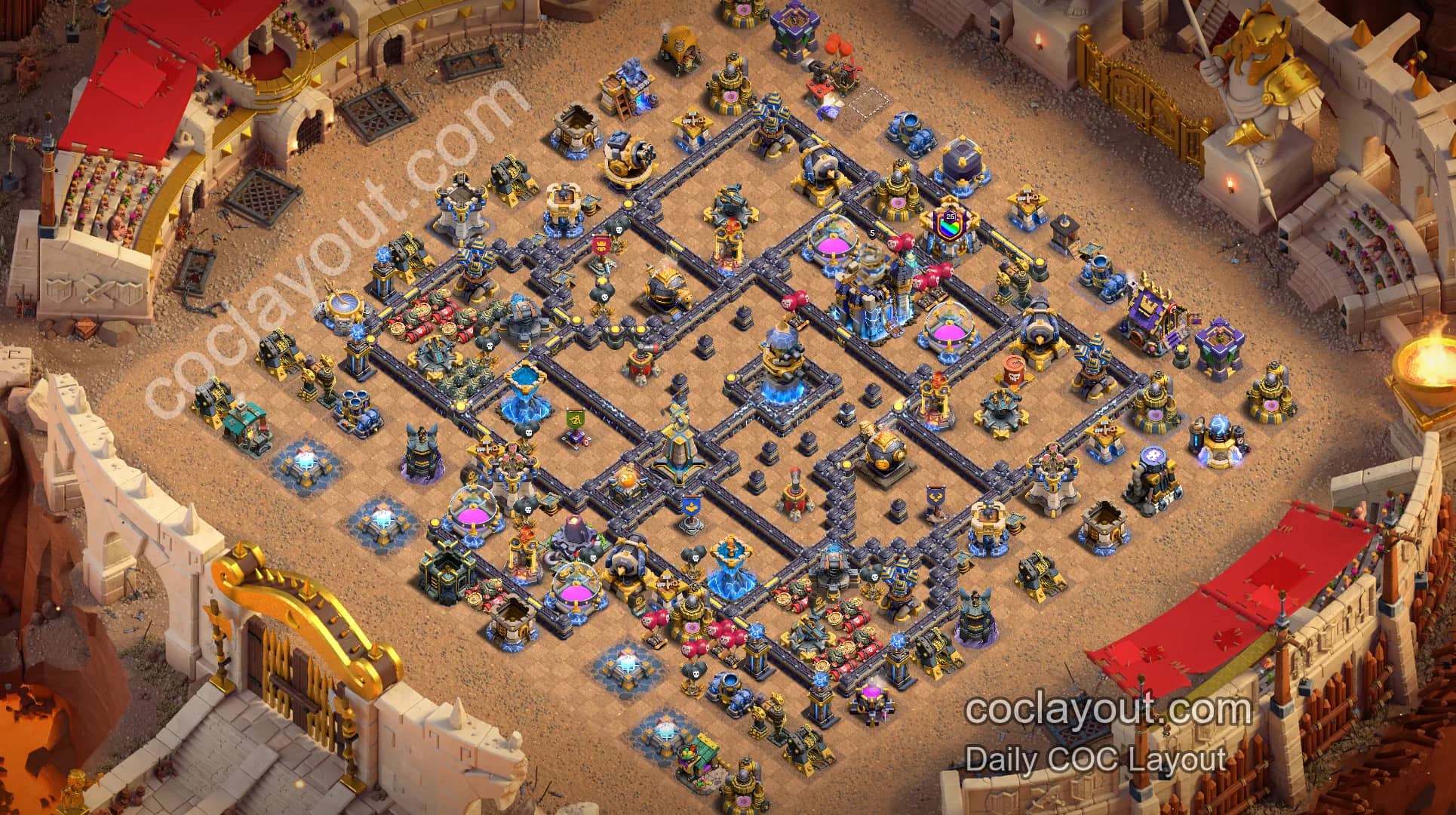 COC TH18 Symmetrical Clan War Base, Balanced Firepower and Strong Defense - Home Village TH18 Base Image