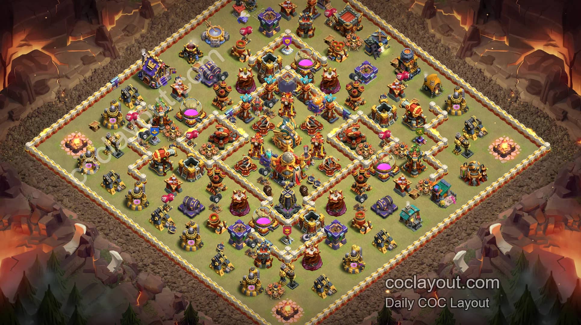 COC TH16 部落戰陣型：主世界高壓防守布局 - 主世界 16本 陣型圖