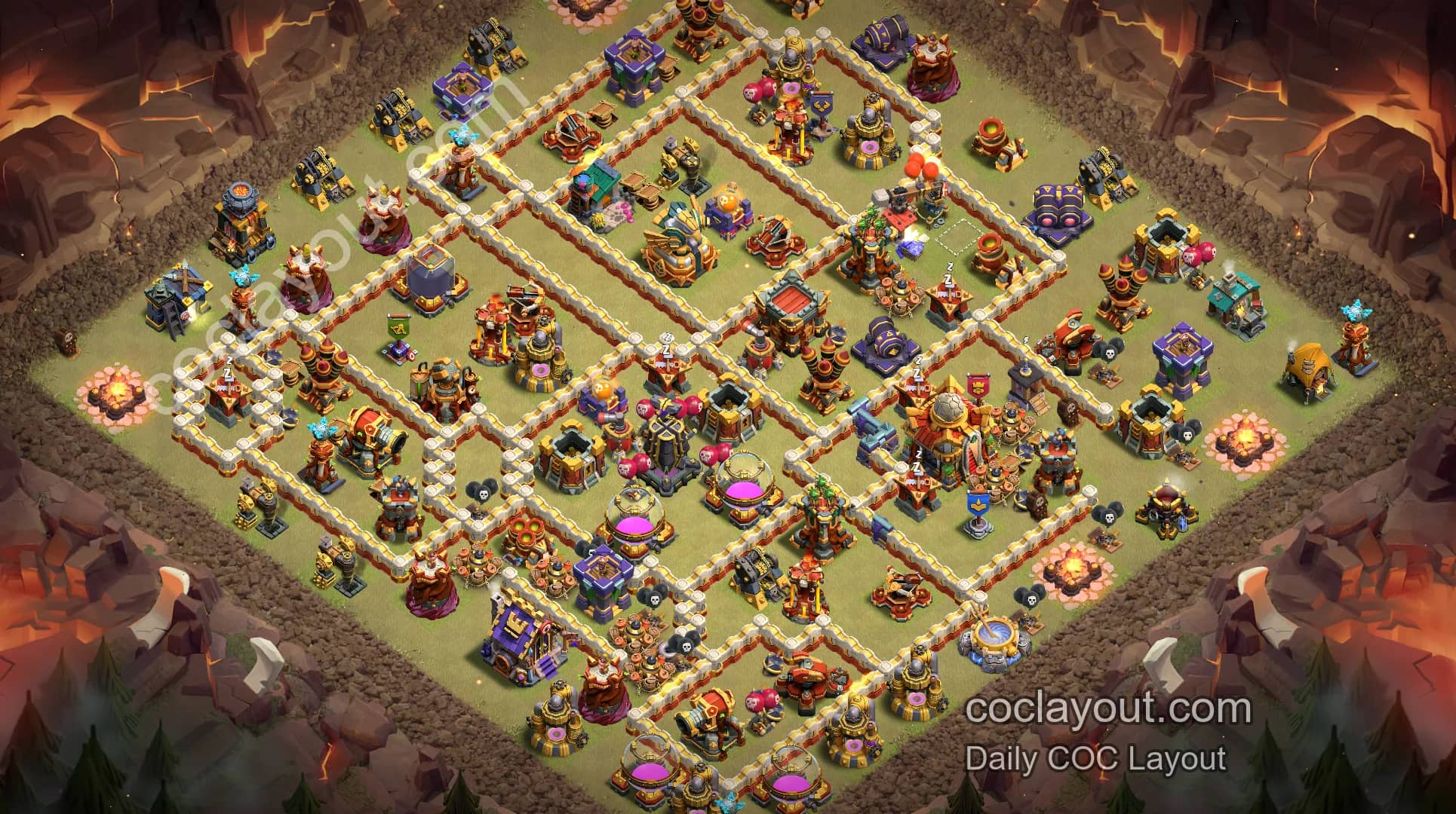 COC TH16部落战格子阵：双毒药塔偏本防线 - 主世界 16本 阵型图