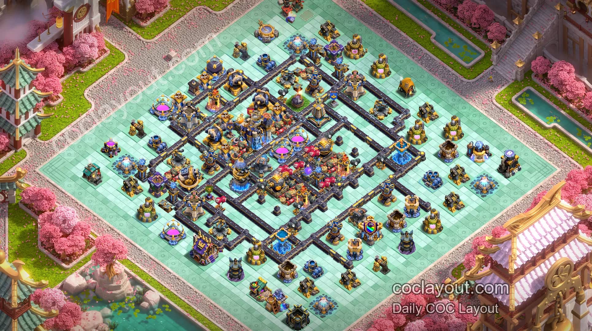 Featured TH18 Clan War Ring Compartment Base with Rage and Poison Towers and Offset Town Hall Pathing - Home Village TH18 Base Image