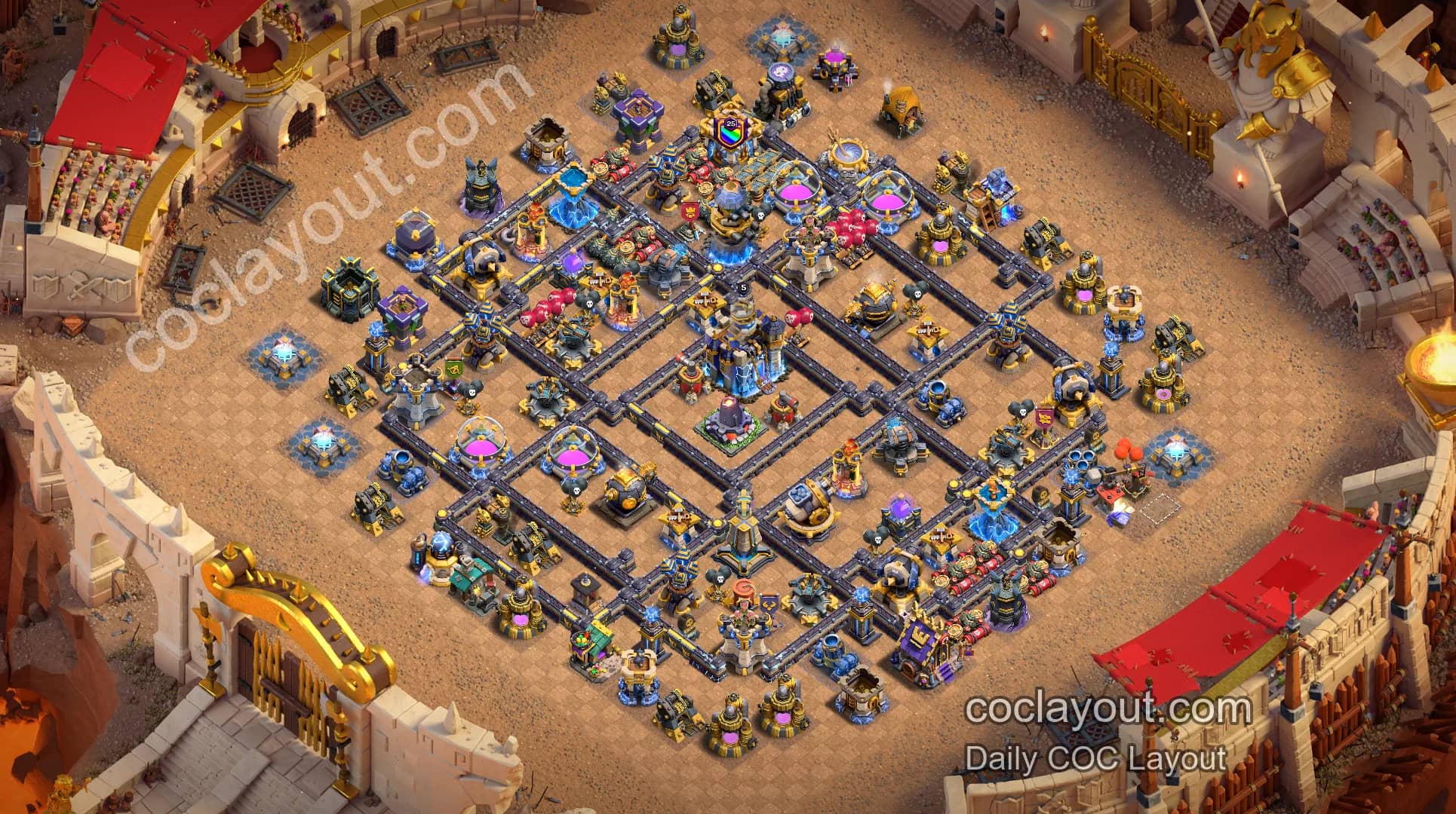 COC TH18 High-Pressure Clan War Base: Central Town Hall with Double Rage Towers - Home Village TH18 Base Image