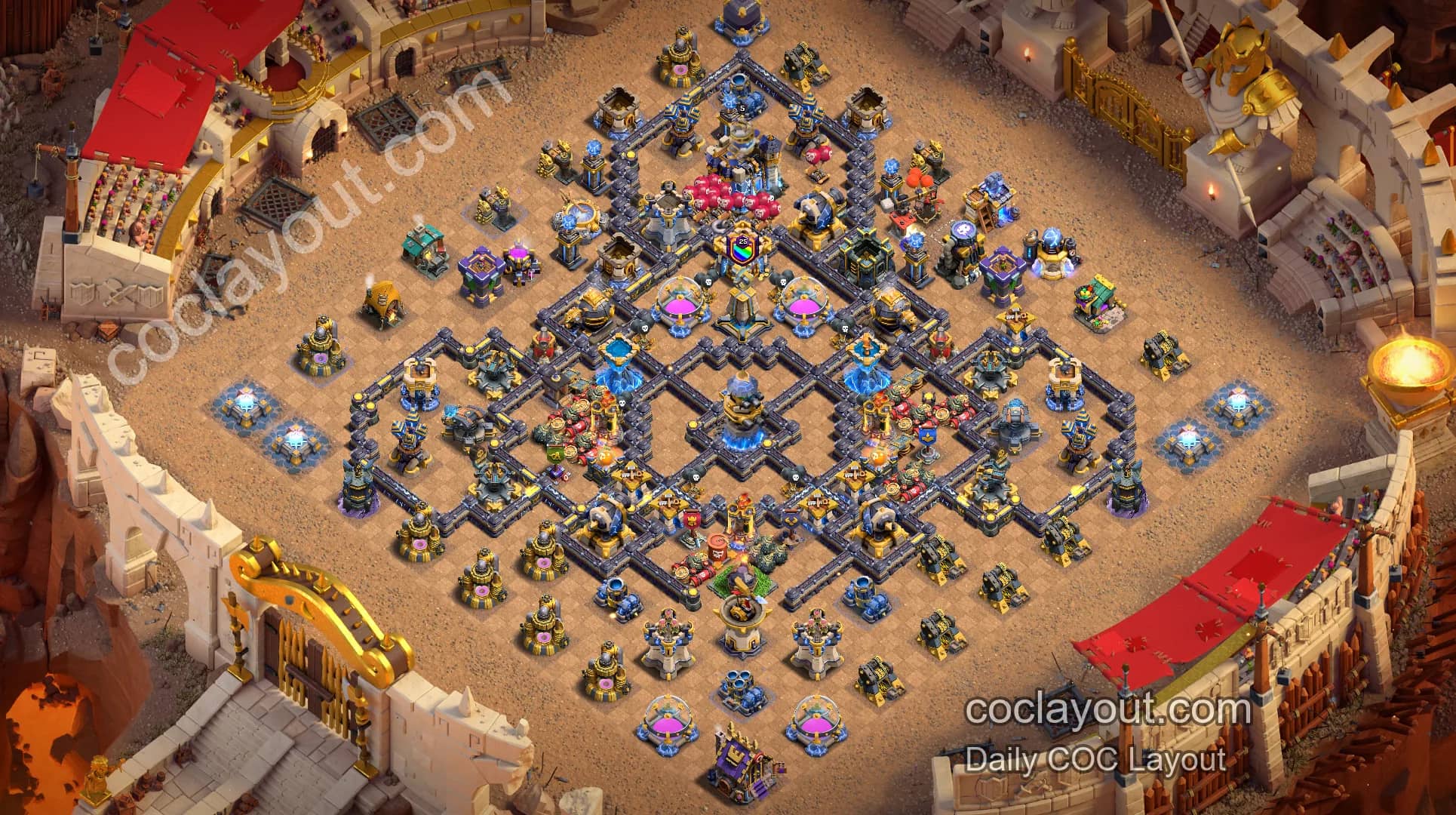 COC TH18 Symmetrical War Base: Offset Town Hall with Double Poison Towers - Home Village TH18 Base Image