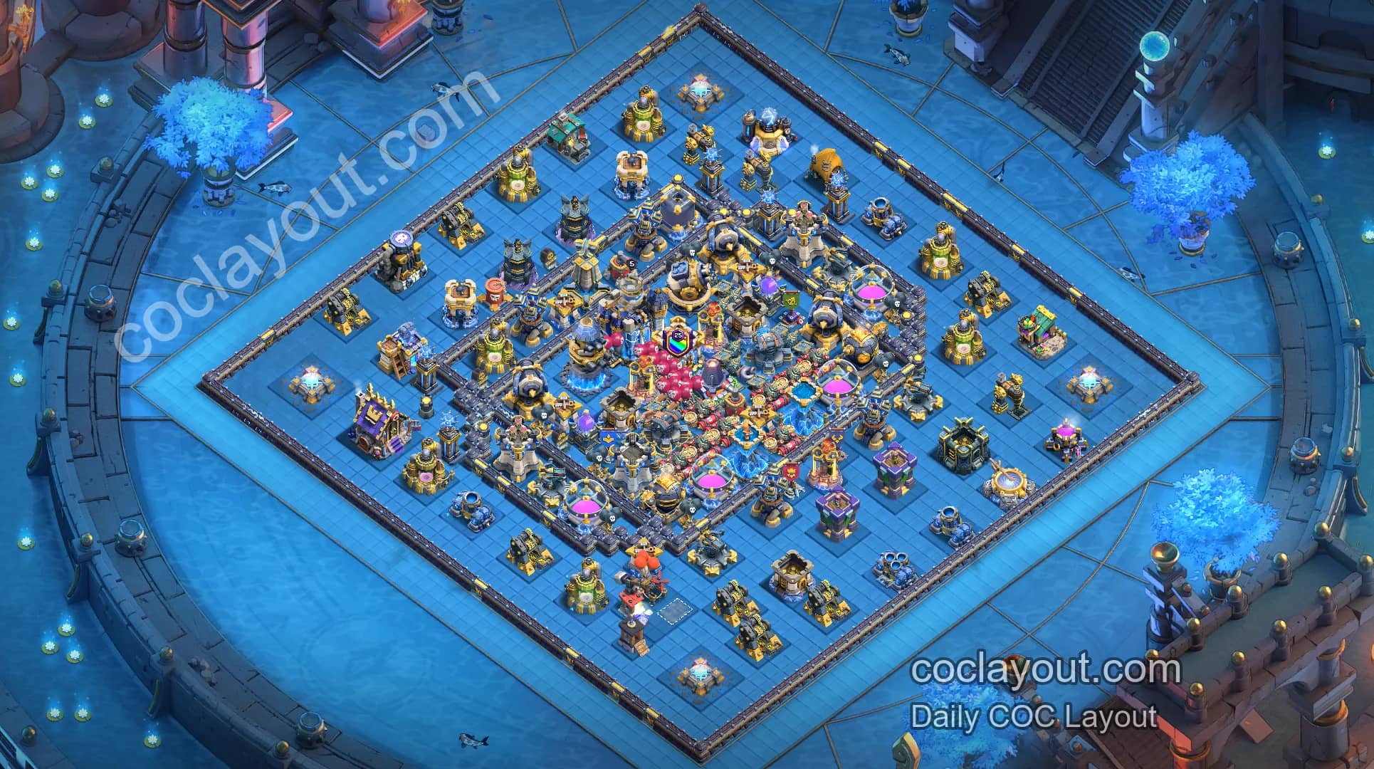 COC TH18 High-Pressure Clan War Base with Centered Town Hall and Double Rage Spell Towers - Home Village TH18 Base Image