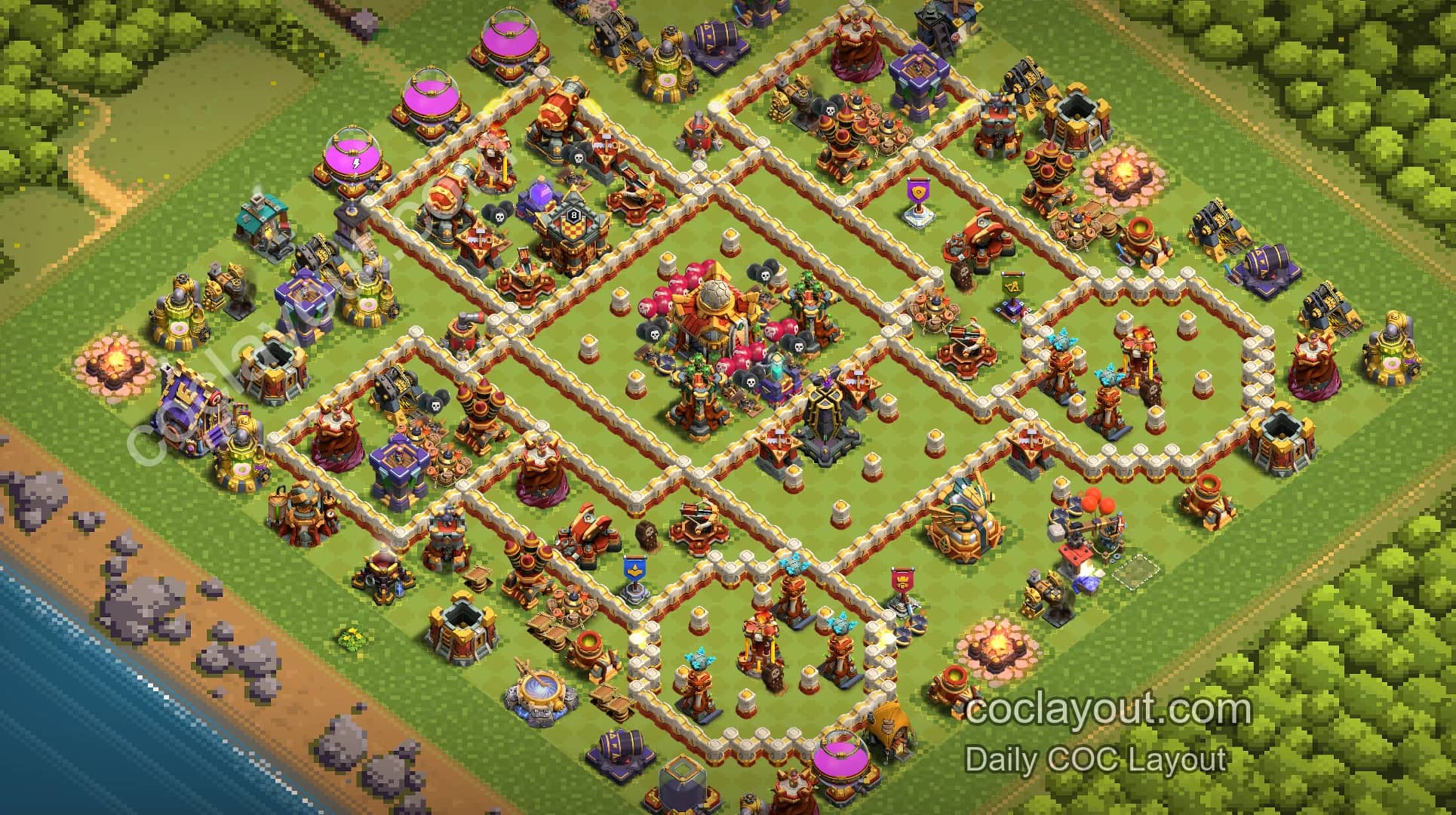 COC TH16 部落戰高壓陣：大本營居中搭配狂暴與隱形法術塔 - 主世界 16本 陣型圖