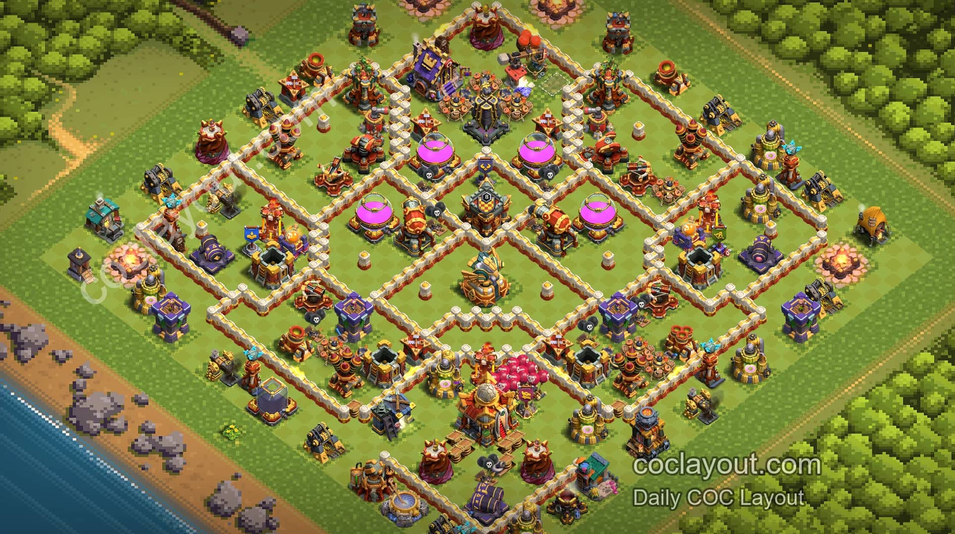 COC 16本部落戰對稱格子陣，雙毒塔高壓防線 - 主世界 16本 陣型圖
