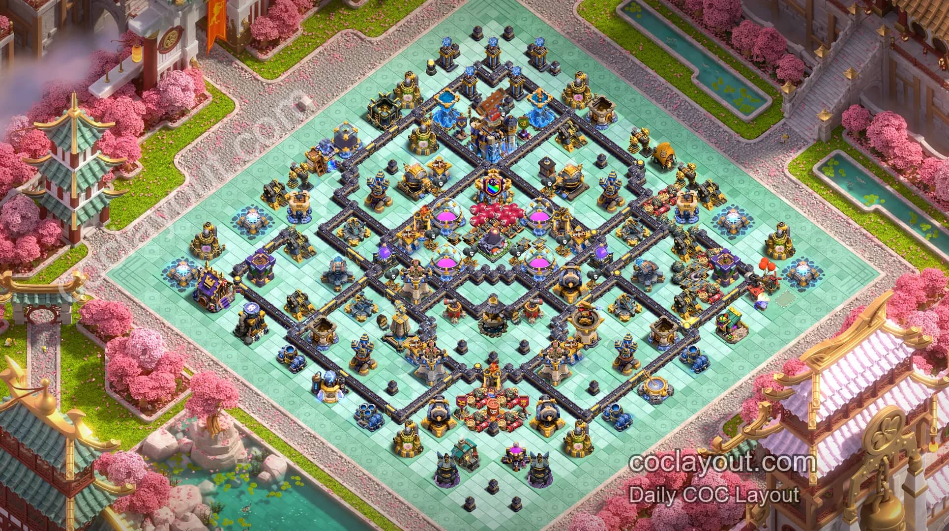 COC TH18 War Anti-3-Star Base with Double Rage Spell Towers and Offset Town Hall - Home Village TH18 Base Image