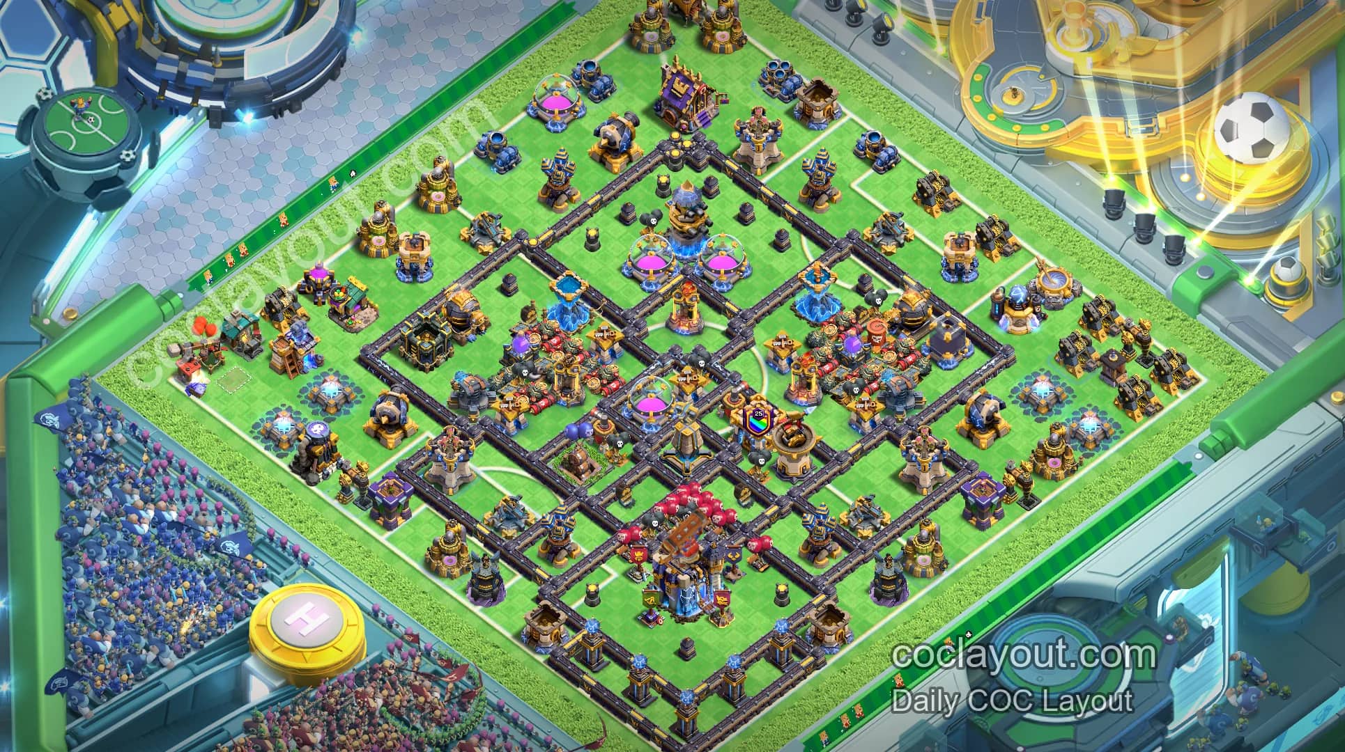 COC TH18 Symmetrical Grid War Base, Hard to Triple with Double Rage Towers - Home Village TH18 Base Image