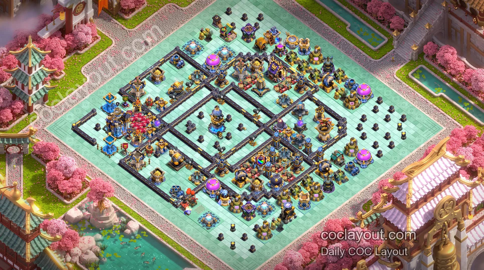 Mejor base TH18 de cuadrícula y guiado con dos Torres de Hechizos de Furia | Defensa de alta presión para Guerras de Clanes y Liga de Leyendas - Aldea Principal TH18 Imagen de la Base