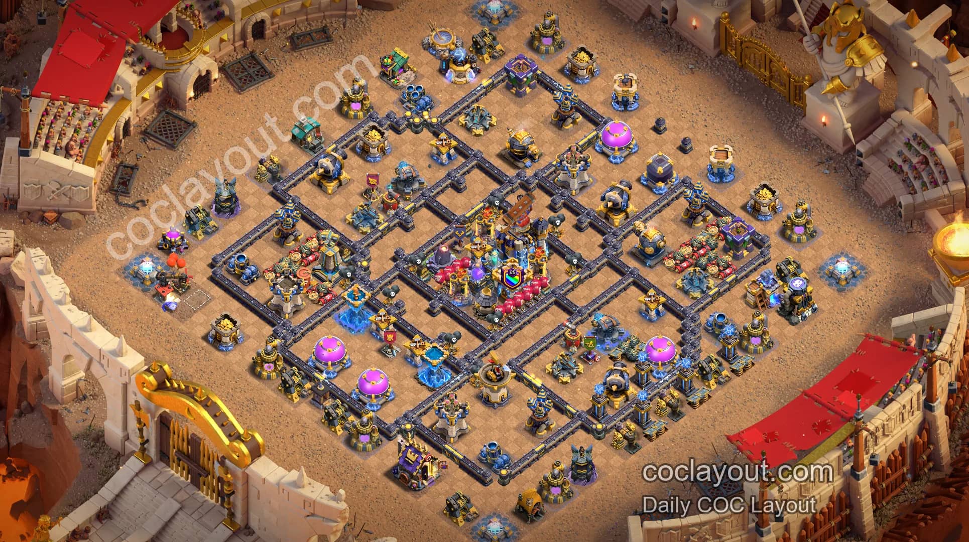 Reka Letak Perang Klan TH18 COC Anti-3 Bintang: Laluan Cincin Grid Simetri dengan Menara Amarah dan Halimunan untuk Pertahanan Tekanan Tinggi - Home Village TH18 Imej Pangkalan