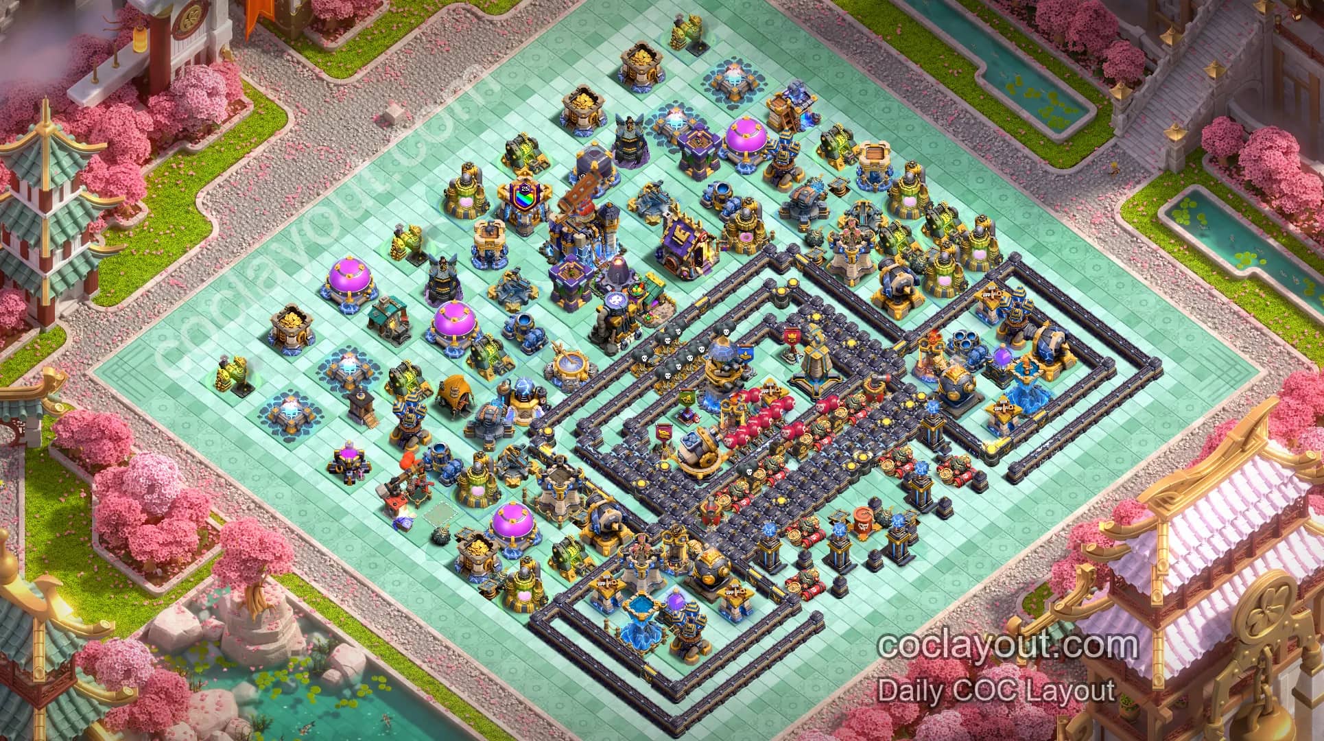 COC TH18 Clan War Legend League Base: Dual Rage Towers Offset Town Hall Symmetrical Grid Layout for Strong Defense - Home Village TH18 Base Image