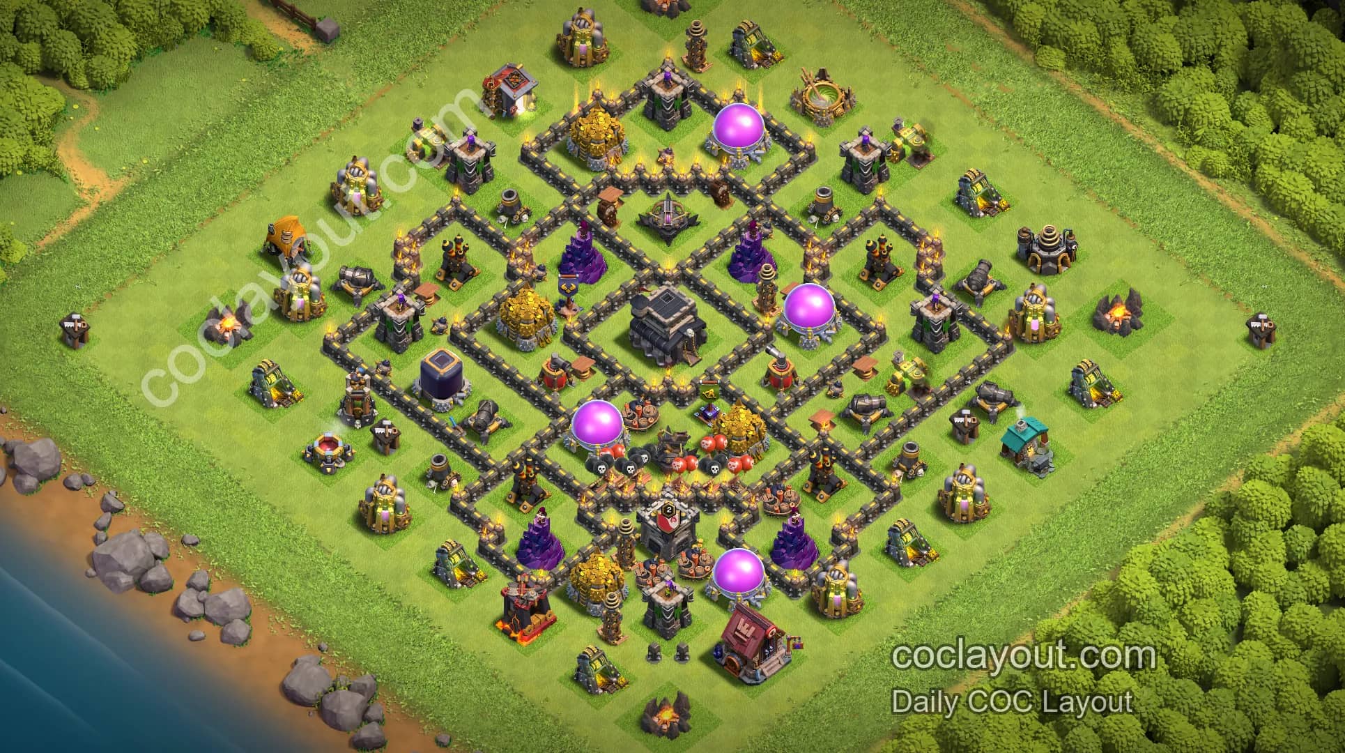 TH9 Clan War Pathing Base! Town Hall-Centered Layout with Enhanced Core Defense - Home Village TH9 Base Image