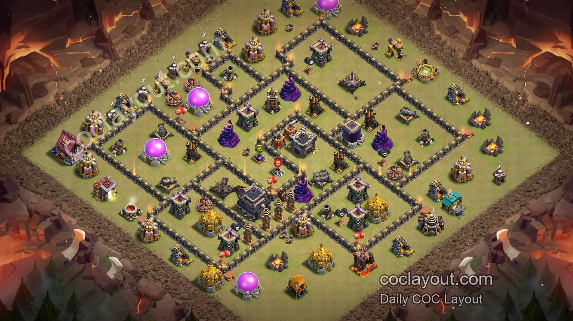 COC TH9 Clan War Grid Pathing Base: Offset Town Hall Makes Attacks Harder to Plan - Home Village TH9 Base Image