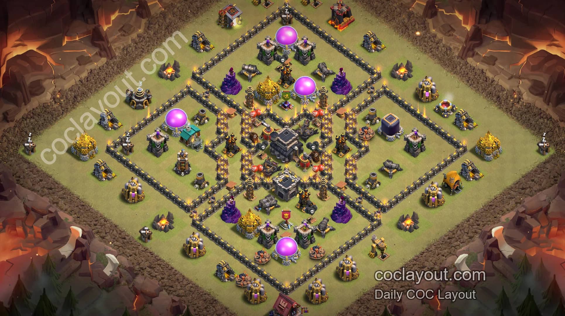 Sélection de villages de guerre de clans TH9 à quatre compartiments | Présentation de villages de guerre COC - Village Principal TH9 Image de la Base