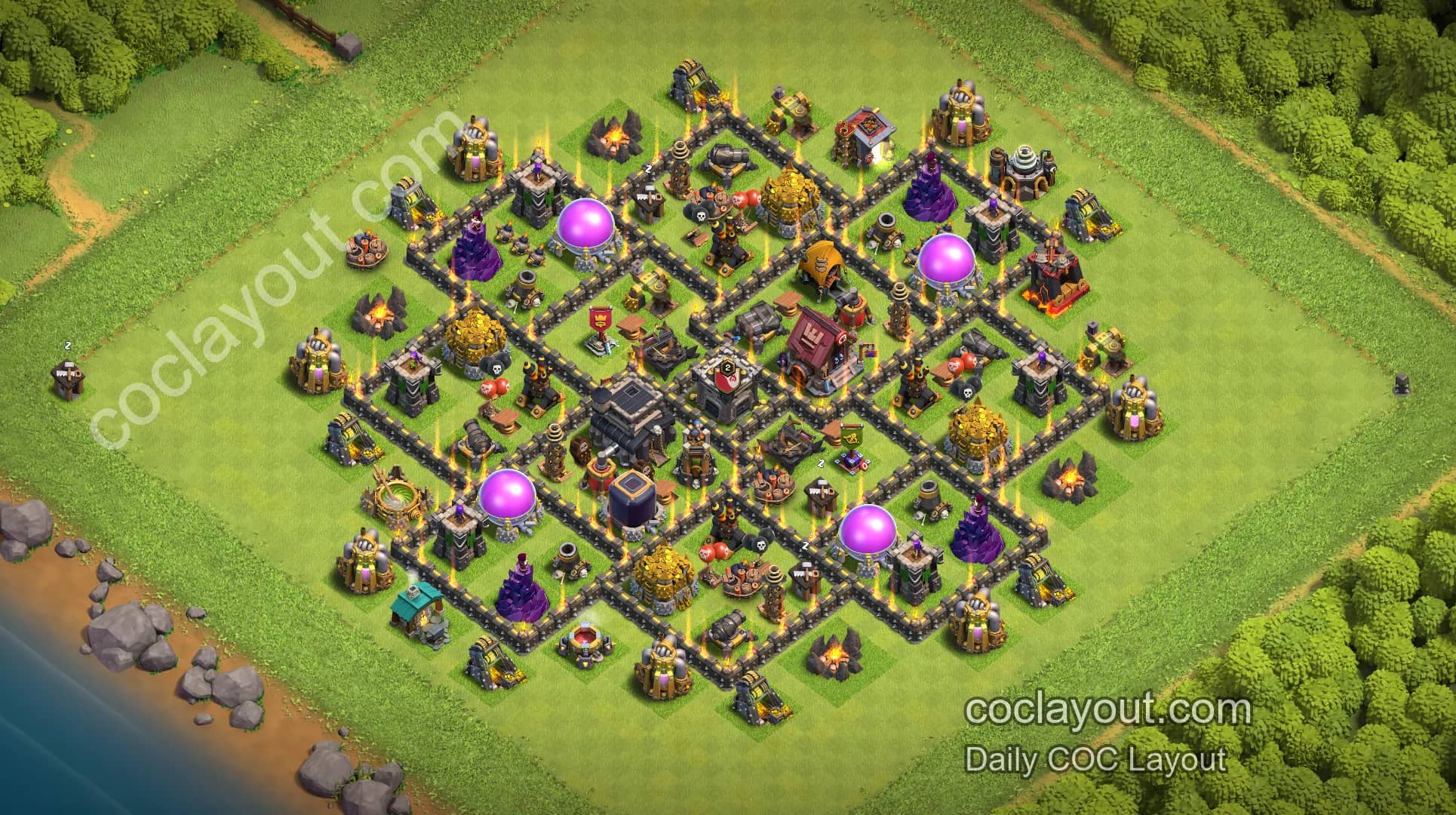 TH9 Clan War Box Base | Popular Anti-3-Star Layout Showcase with Disruptive Pathing - Home Village TH9 Base Image
