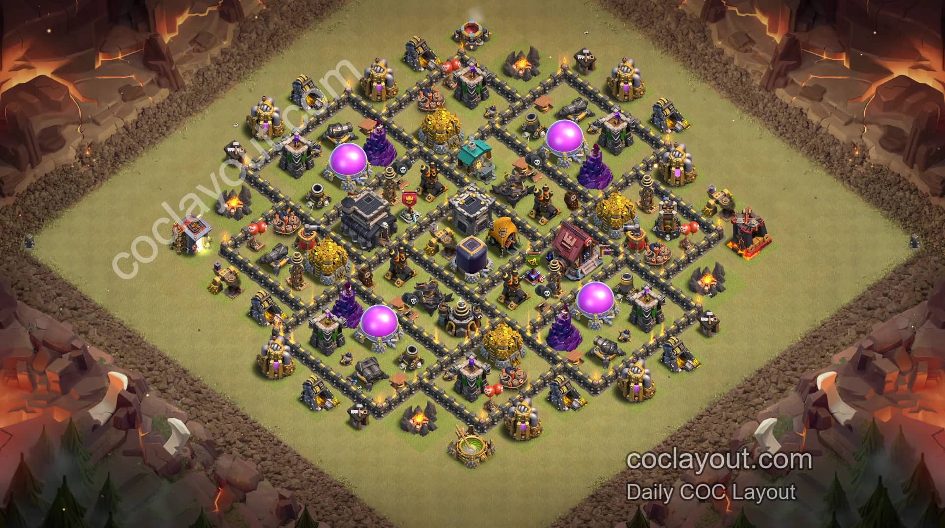 COC TH9 Clan War Symmetrical Grid Base! Strong Defensive Layout with a Central Town Hall - Home Village TH9 Base Image