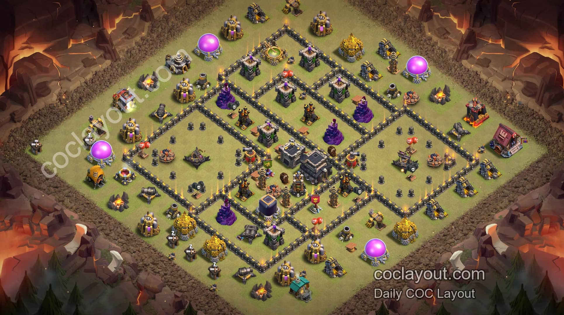 Starkes TH9-Kastenlayout für Clankriege: Rathaus in der Mitte zum Verteidigen gegen 3 Sterne, Kernverteidigung schwer zu planen - Heimatdorf TH9 Basisbild