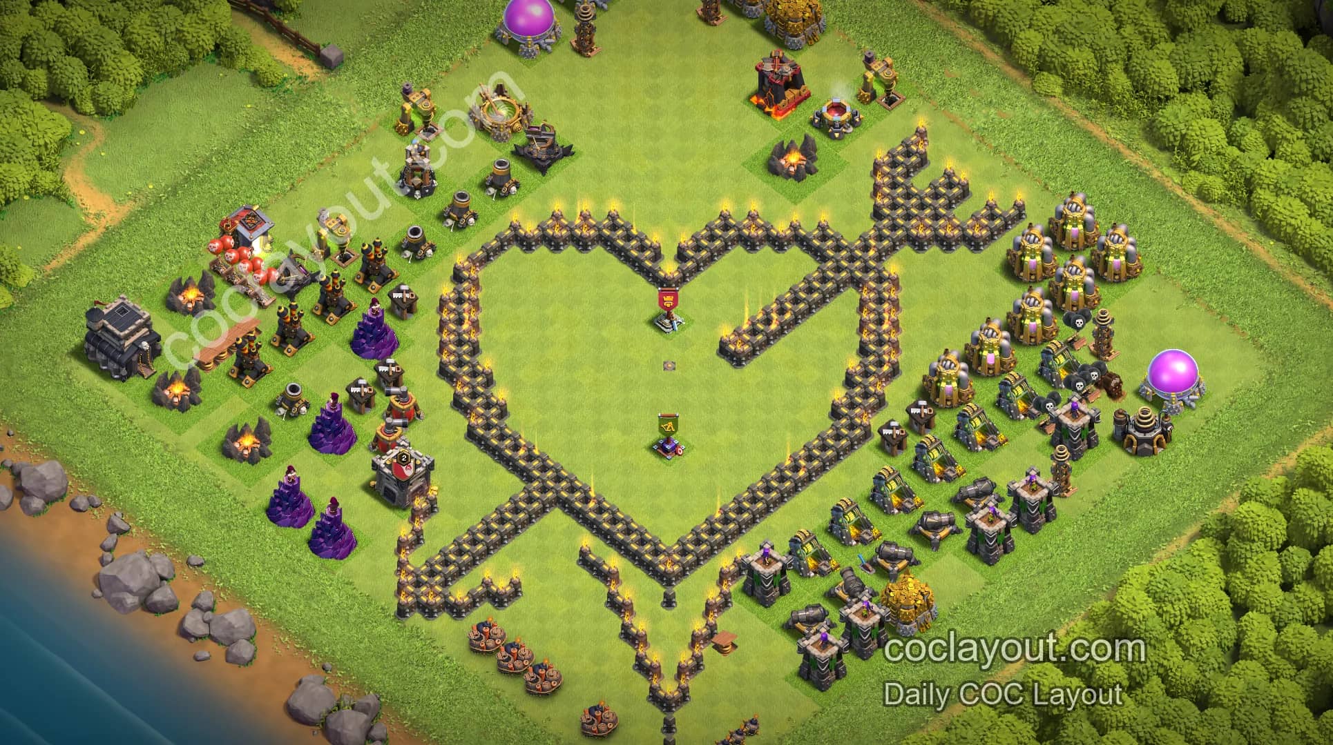 Best TH9 Clan War Base Layout | Cupid Heart Creative Layout Showcase - Home Village TH9 Base Image