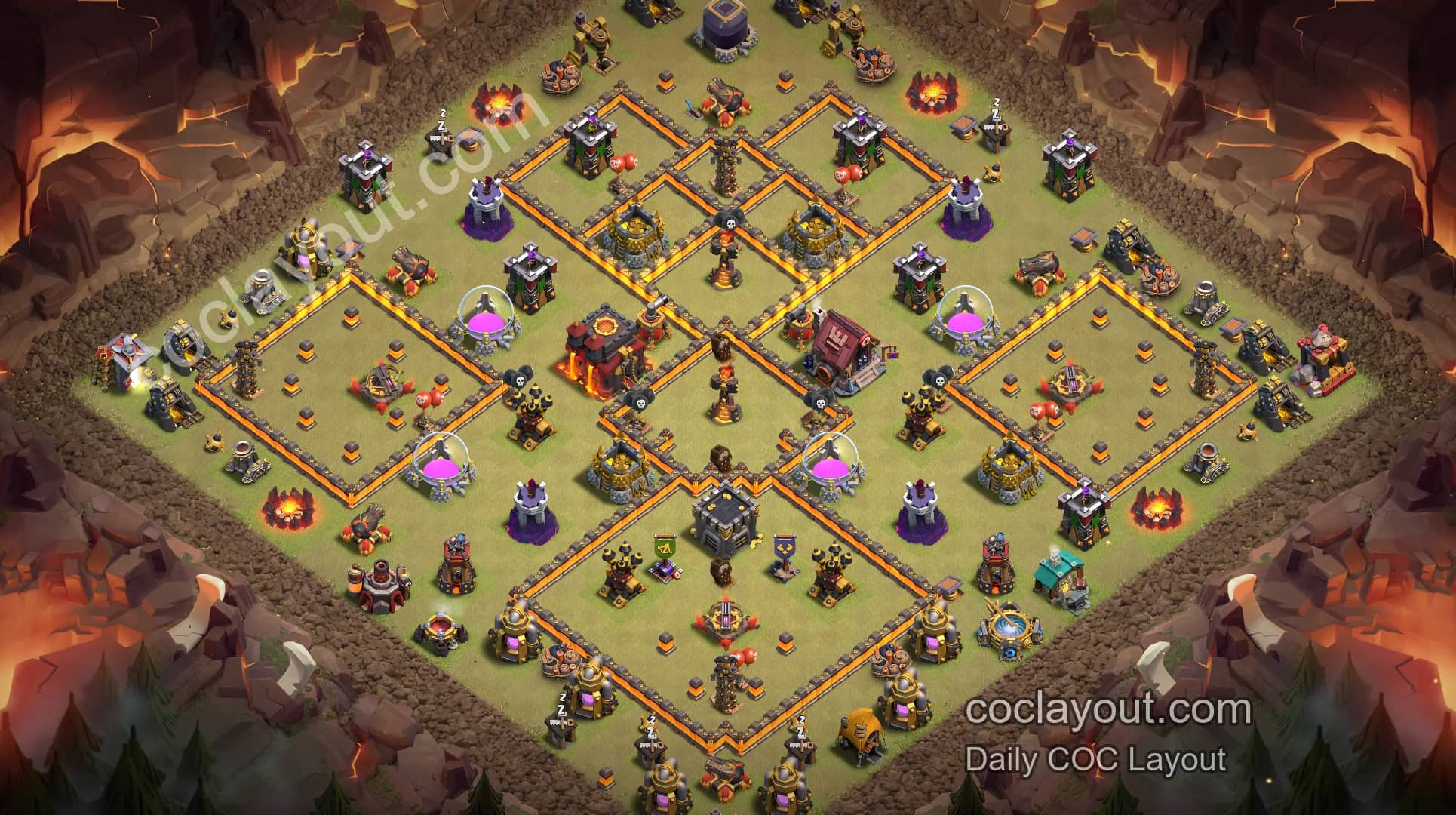 TH10 Clan War Symmetrical Grid Base! Town Hall in the Center for Stronger Core Defense - Home Village TH10 Base Image