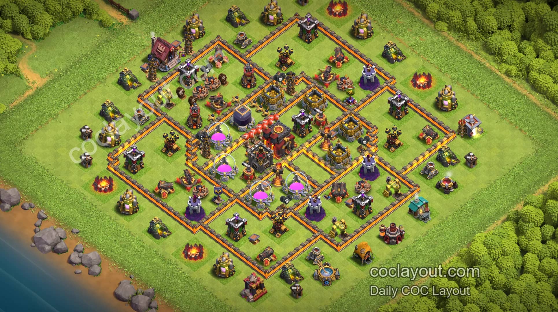 COC TH10 Clan War Grid Base Layout | Town Hall Centered, Strong Core Defense - Home Village TH10 Base Image