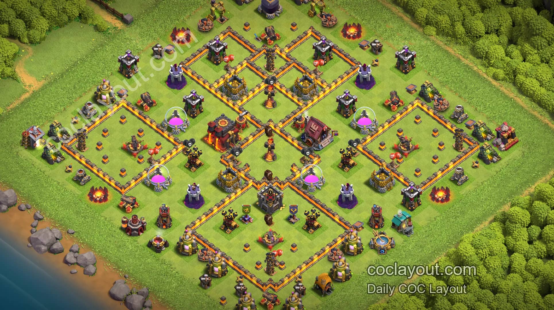 Strong Clan War Opening | TH10 Symmetrical Grid Base, Popular Home Village War Layout - Home Village TH10 Base Image