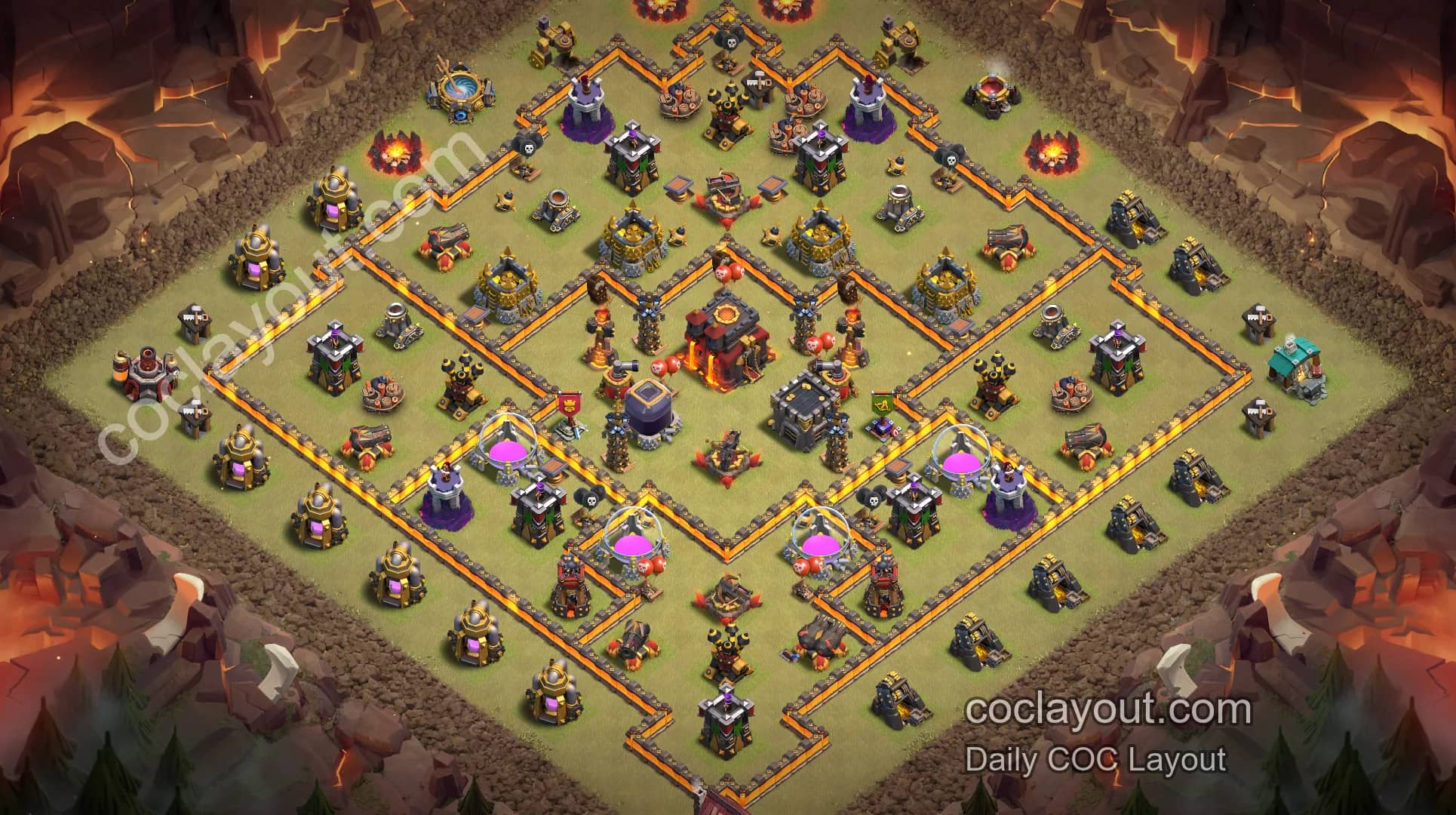 TH10 Clan War Anti-3-Star Base: Powerful Core Defense, Hard-to-Triple COC Layout - Home Village TH10 Base Image