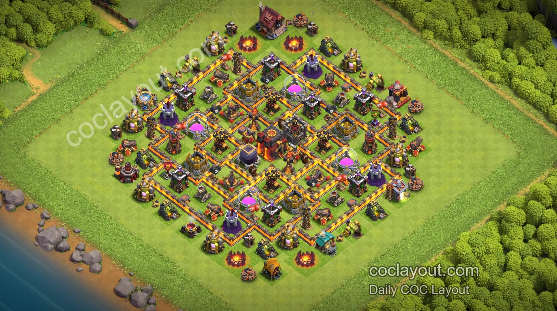 TH10 Clan War Compartment Pathing Base to Protect the Town Hall! Compartment Layout Makes 3-Star Attacks Harder | COC Base Layout - Home Village TH10 Base Image