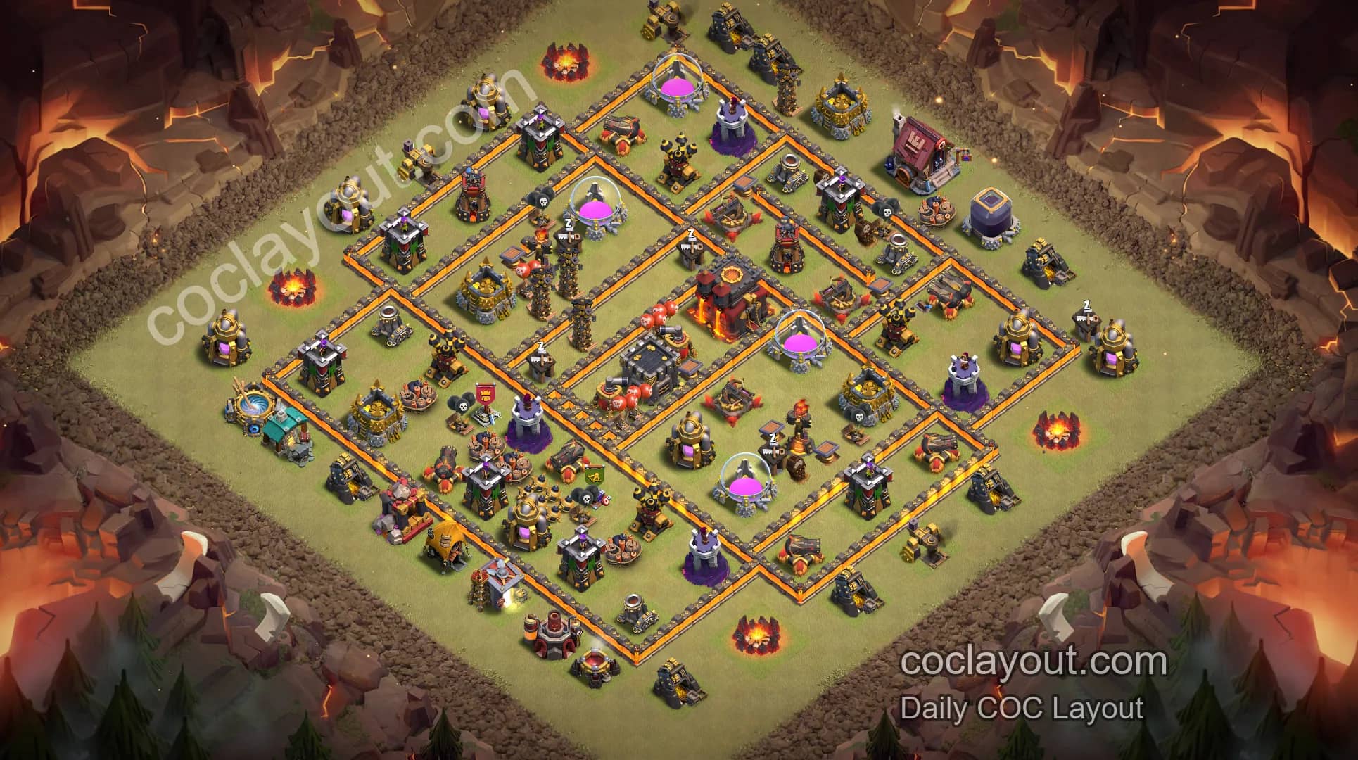COC TH10 Clan War Pathing Base: Powerful Layout Showcase with Hard-to-Handle Core Defense - Home Village TH10 Base Image