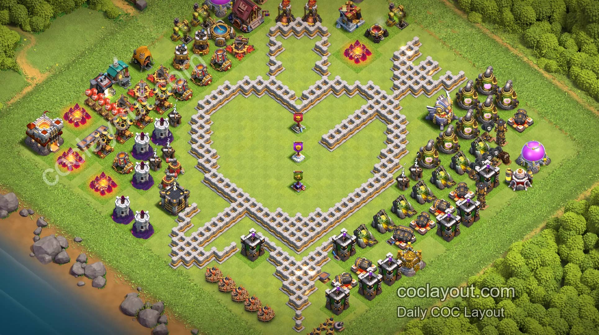 Featured TH11 Home Village Heart-and-Arrow Art Base | COC Base Layout Showcase - Home Village TH11 Base Image