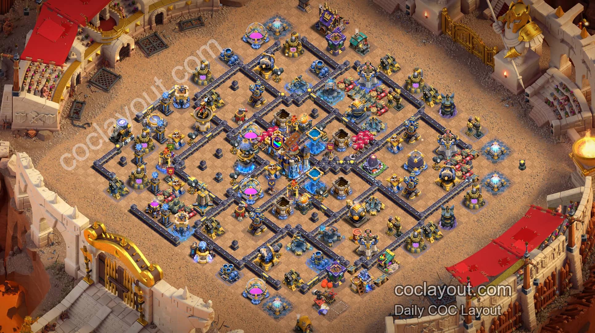 Featured TH18 Clan War & Legend League Compartment Pathing Base | Double Poison Spell Tower Core Defense - Home Village TH18 Base Image