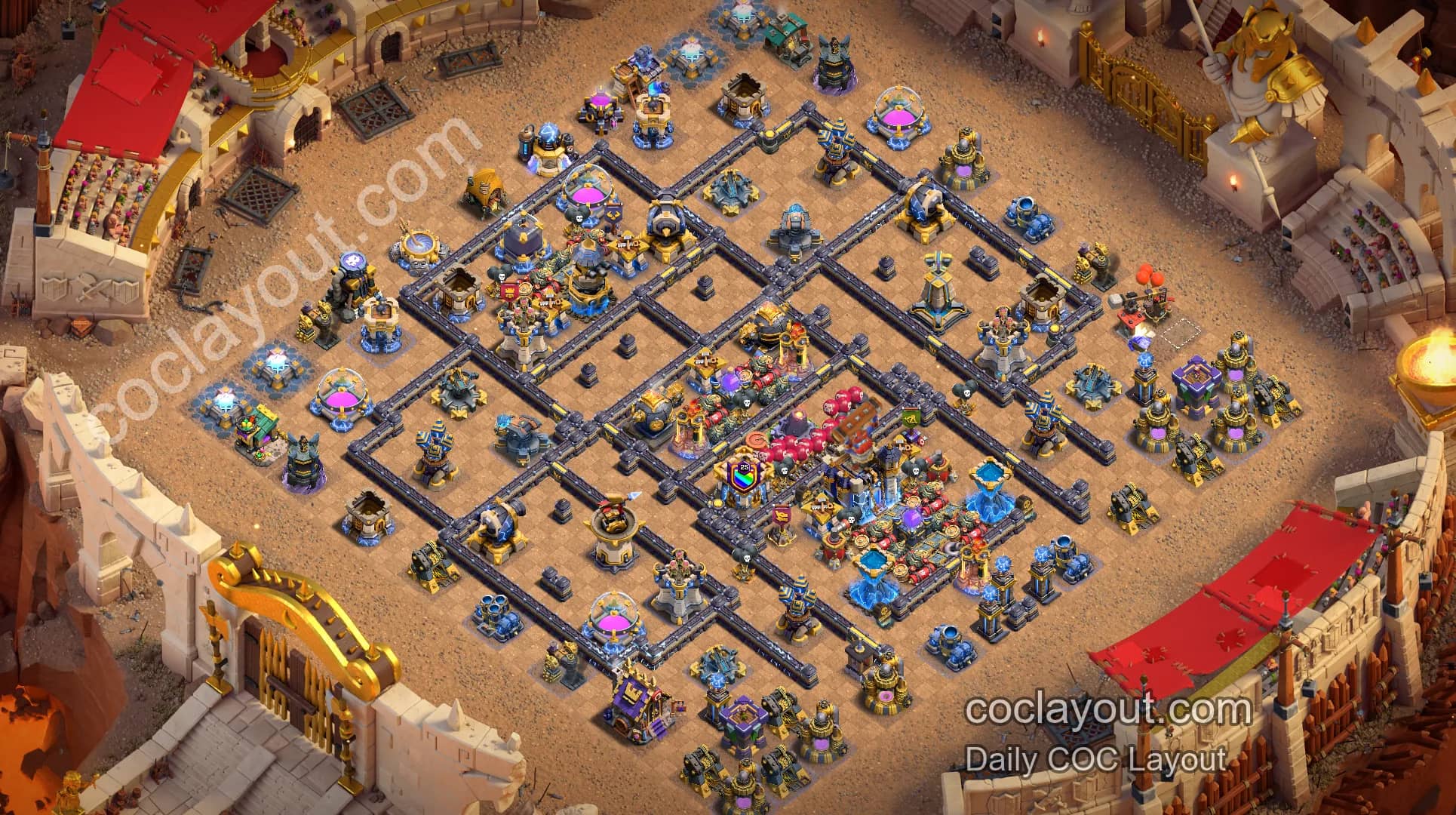 TH18 Clan War Symmetrical Pathing Base! Central Town Hall with Two Rage Spell Towers for Strong Anti-3-Star Defense - Home Village TH18 Base Image