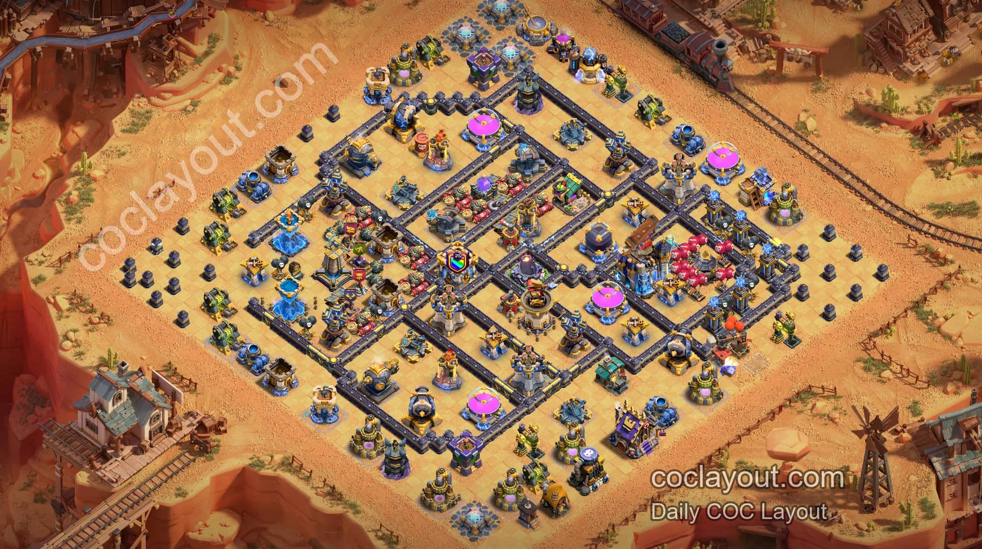 Best TH18 Symmetrical War Pathing Base: Offset Town Hall with Invisibility and Rage Towers for Stronger Core Defense - Home Village TH18 Base Image