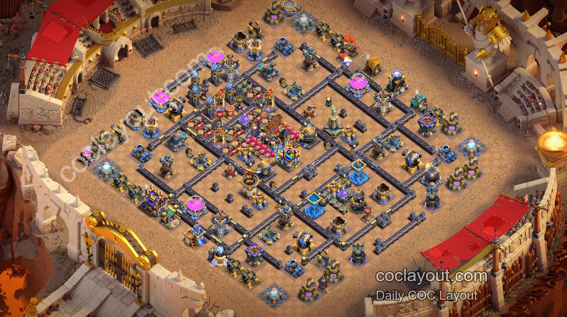 TH18 Clan War Symmetric Grid Pathing Base: Dual Rage Spell Tower Core Defense with Logger Guarding the Home Base - Home Village TH18 Base Image