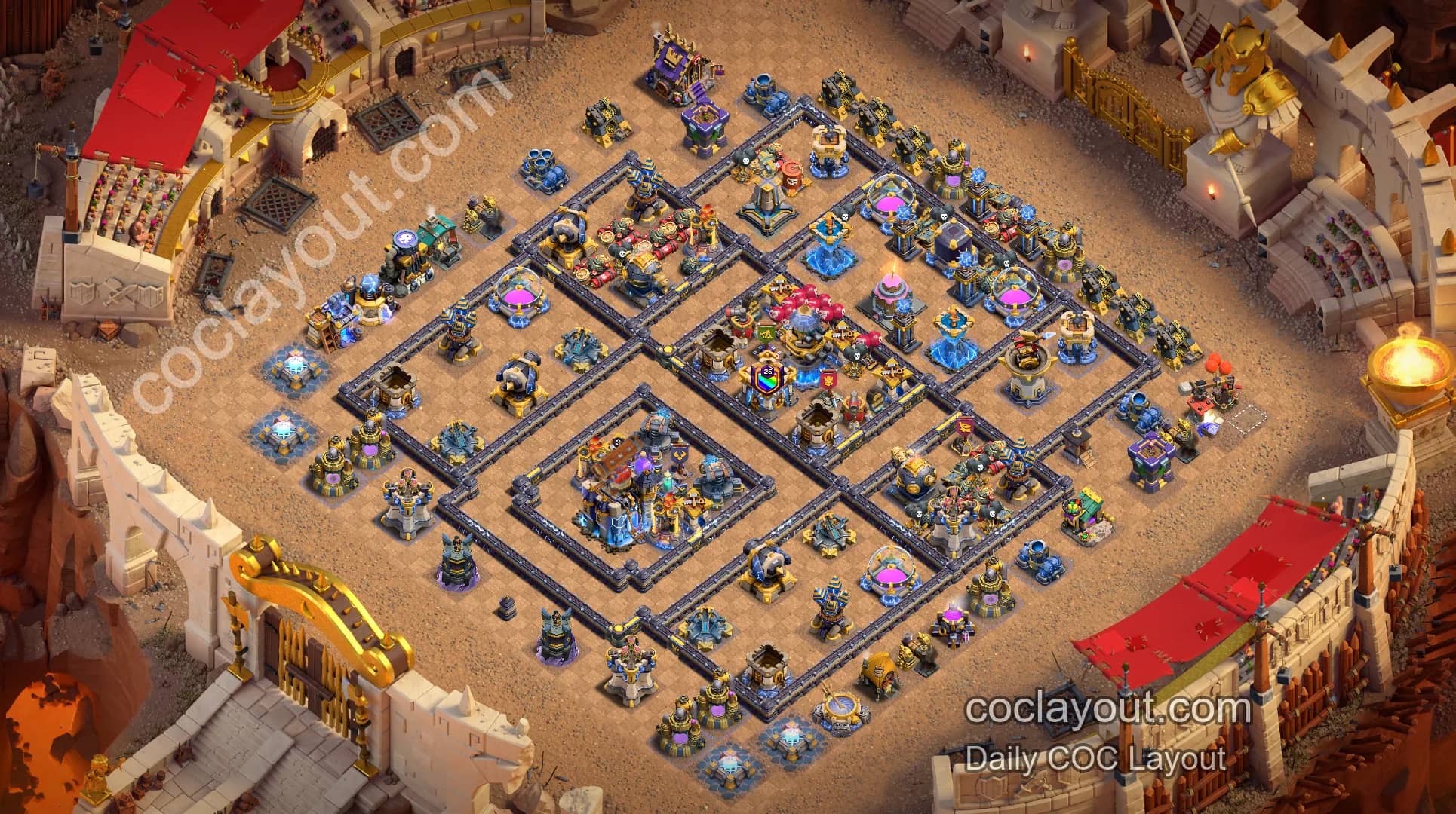 Latest TH18 Symmetrical Grid War Base! Offset Town Hall with Invisibility and Rage Towers for Strong Defense - Home Village TH18 Base Image