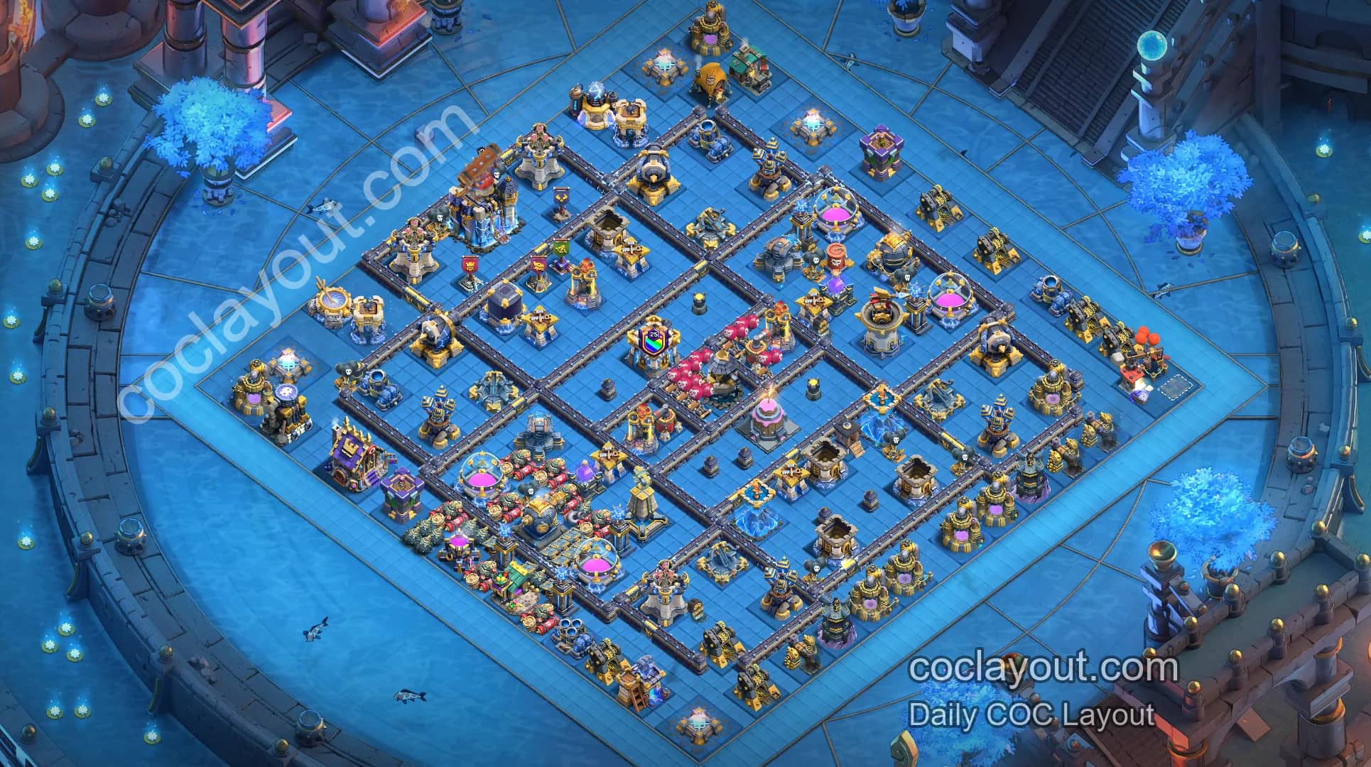 TH18クラン対戦強力配置｜レイジタワー2本＋ずらしたタウンホール、ウッドマン中心の防衛 - ホーム村 TH18 配置画像
