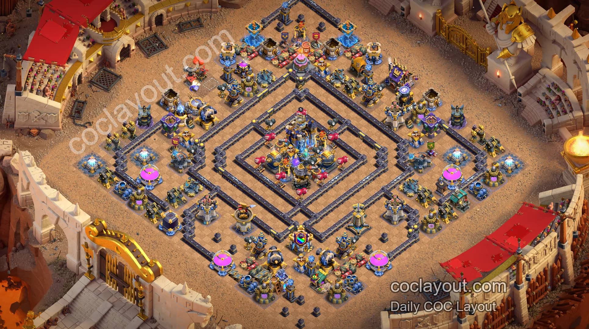 COC TH18-krigsbase for å beskytte rådhuset med stiføring og ring: Kjerneforsvar med usynlighetstårn + raseriårn - Hjemlandsby TH18 Basebilde