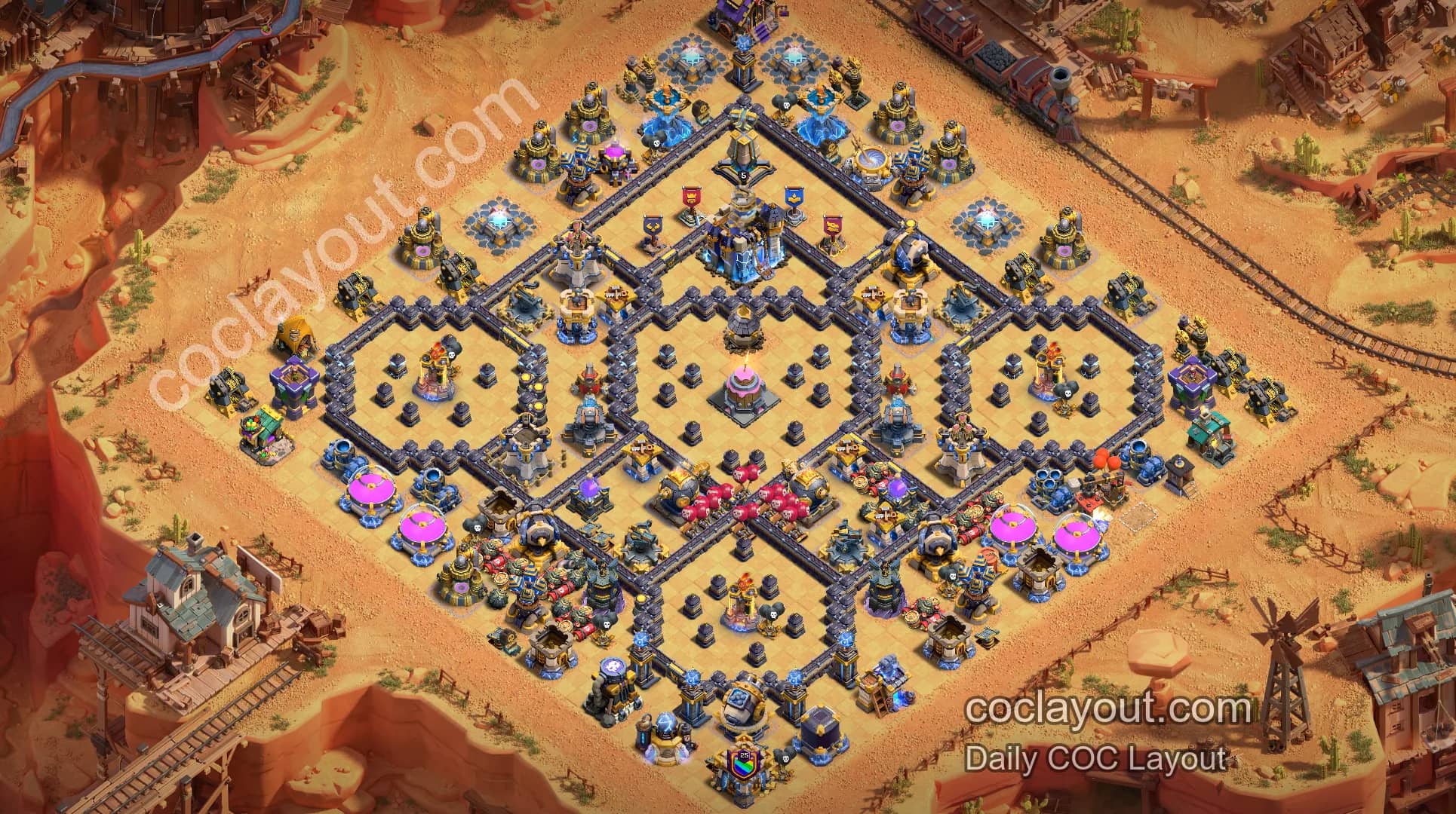 COC TH18 Clan War Box Base: Offset Town Hall, Double Rage Towers, Longshot Home Defense - Home Village TH18 Base Image