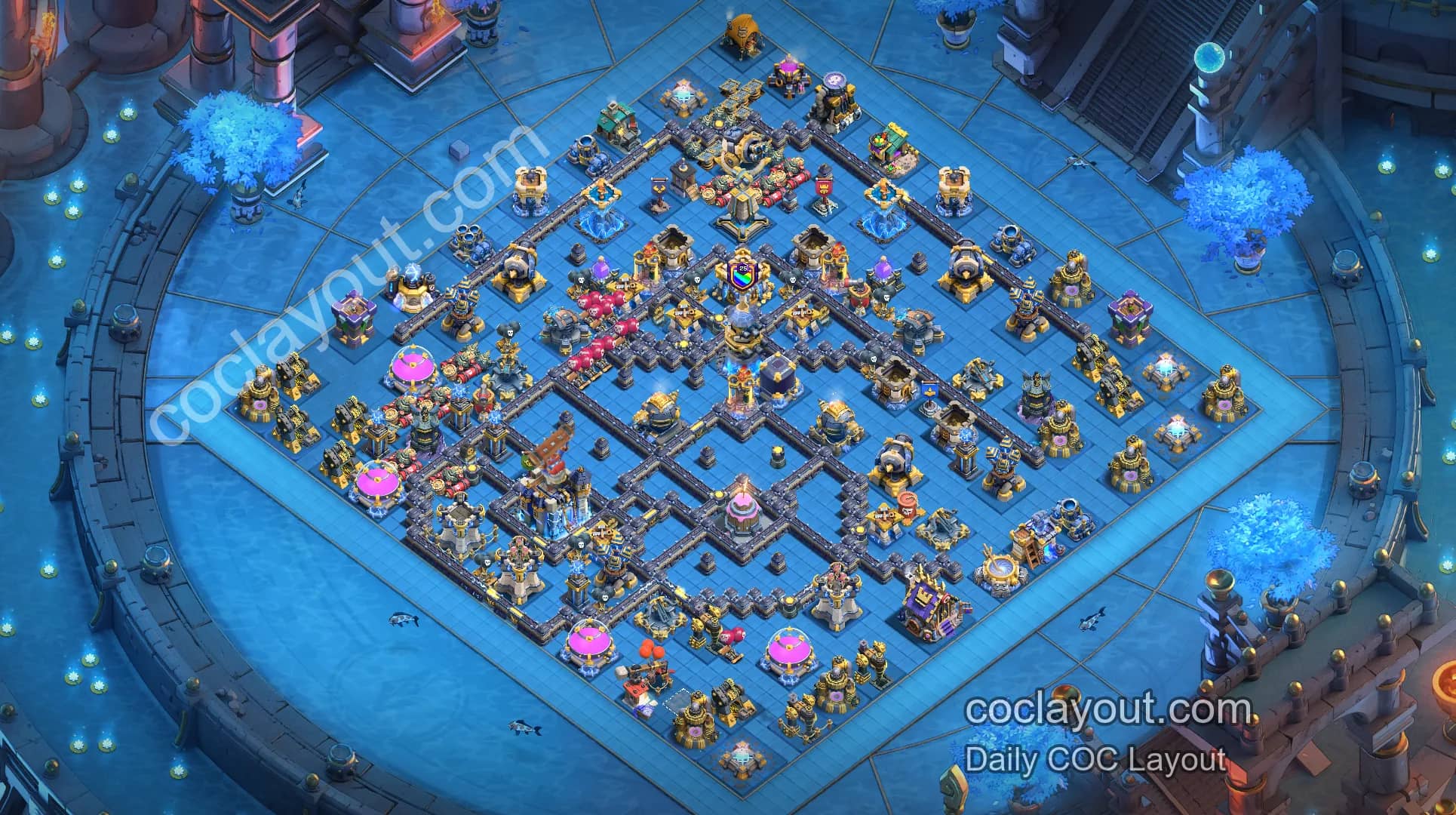 Best TH18 Clan War Pathing Base: Offset Town Hall with Double Rage Towers and Logger Defense - Home Village TH18 Base Image
