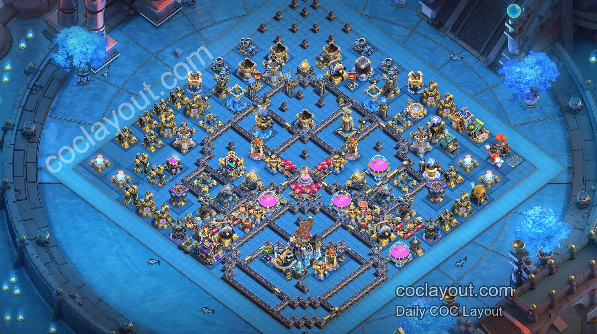 COC TH18 Strong Symmetrical Grid War Base | Offset Town Hall + Poison and Invisibility Spell Tower Defense - Home Village TH18 Base Image