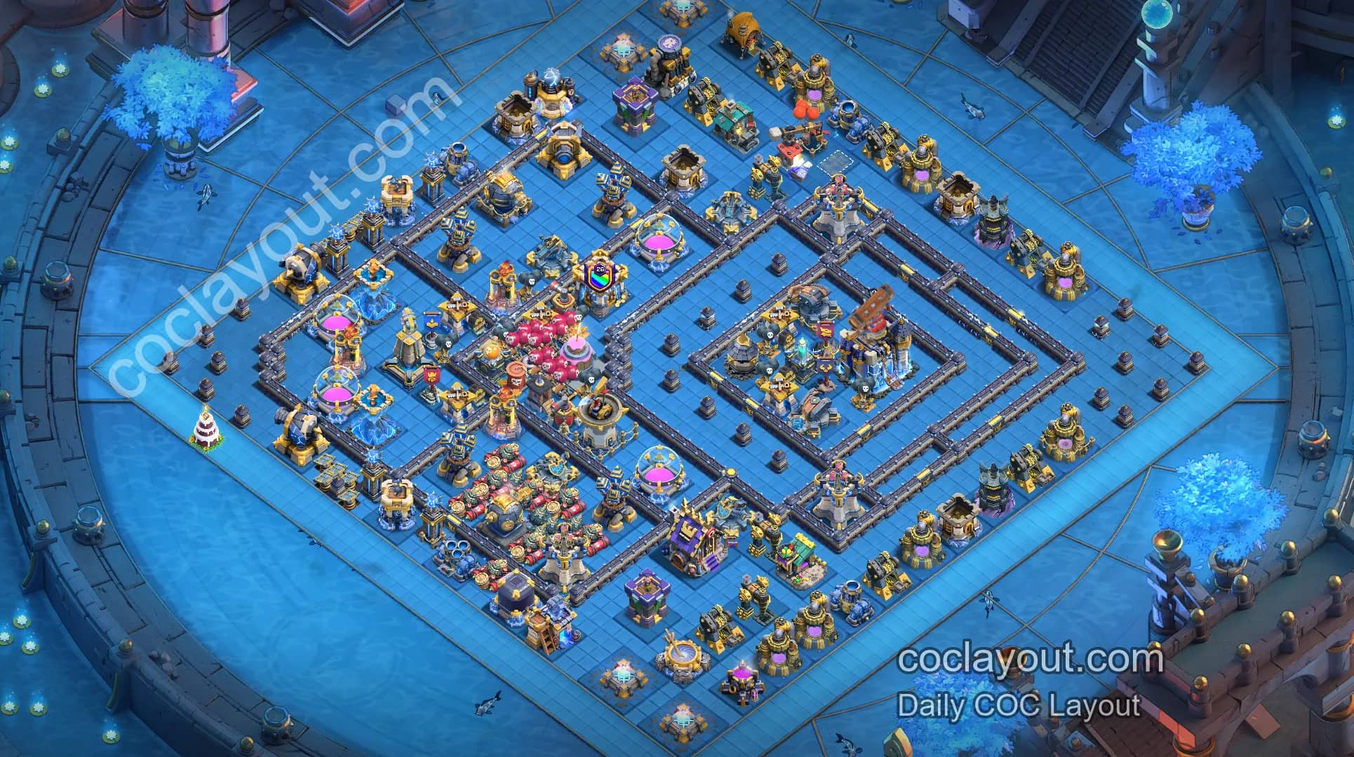 Best TH18 Clan War Base Layout | Two Defensive Zones Split by a Central Divider, Poison and Invisibility Towers Working Together - Home Village TH18 Base Image