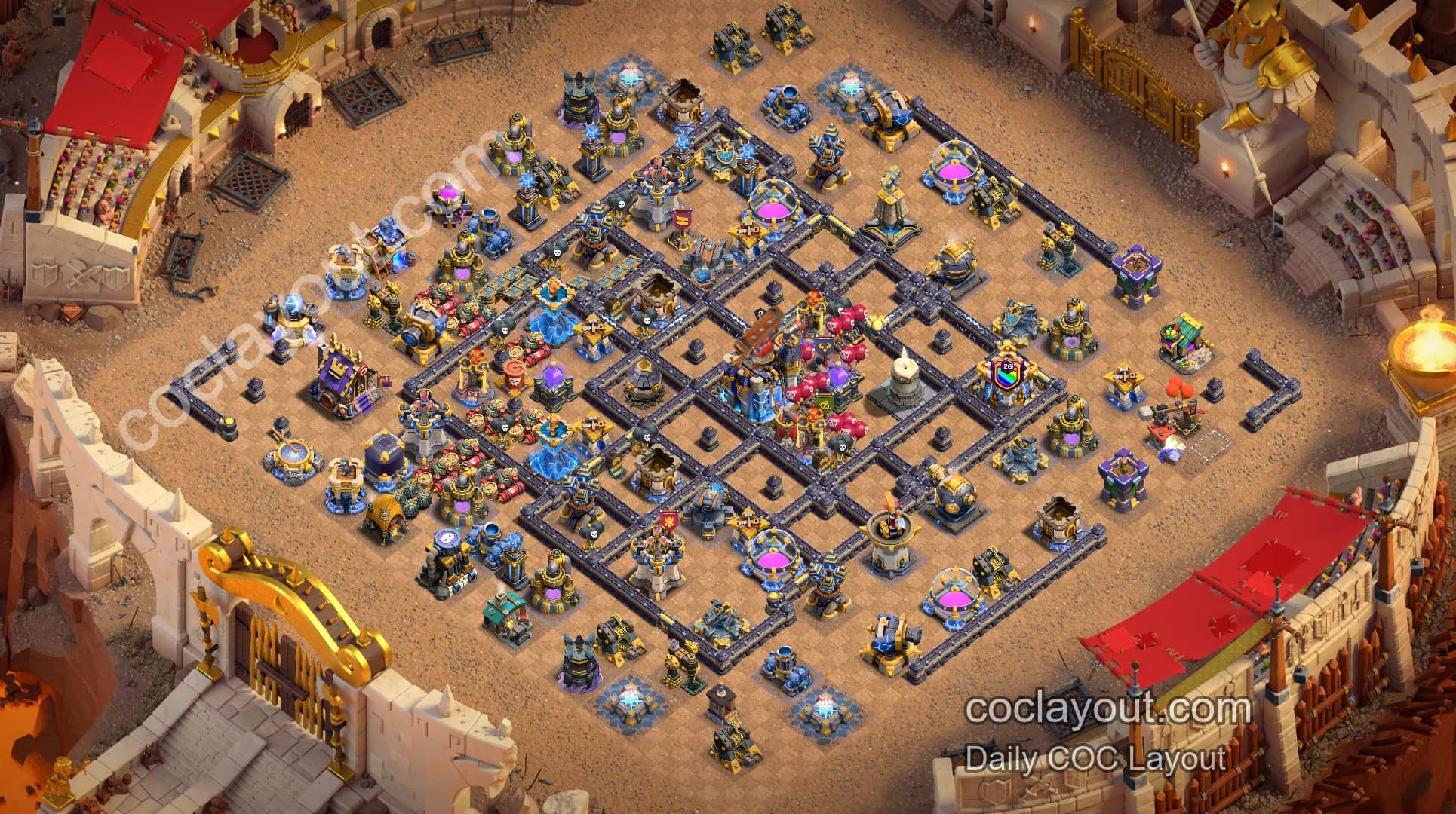 COC TH18 Clan War Town Hall Protection Base: Dual Rage Spell Towers and Logger Core Defense - Home Village TH18 Base Image