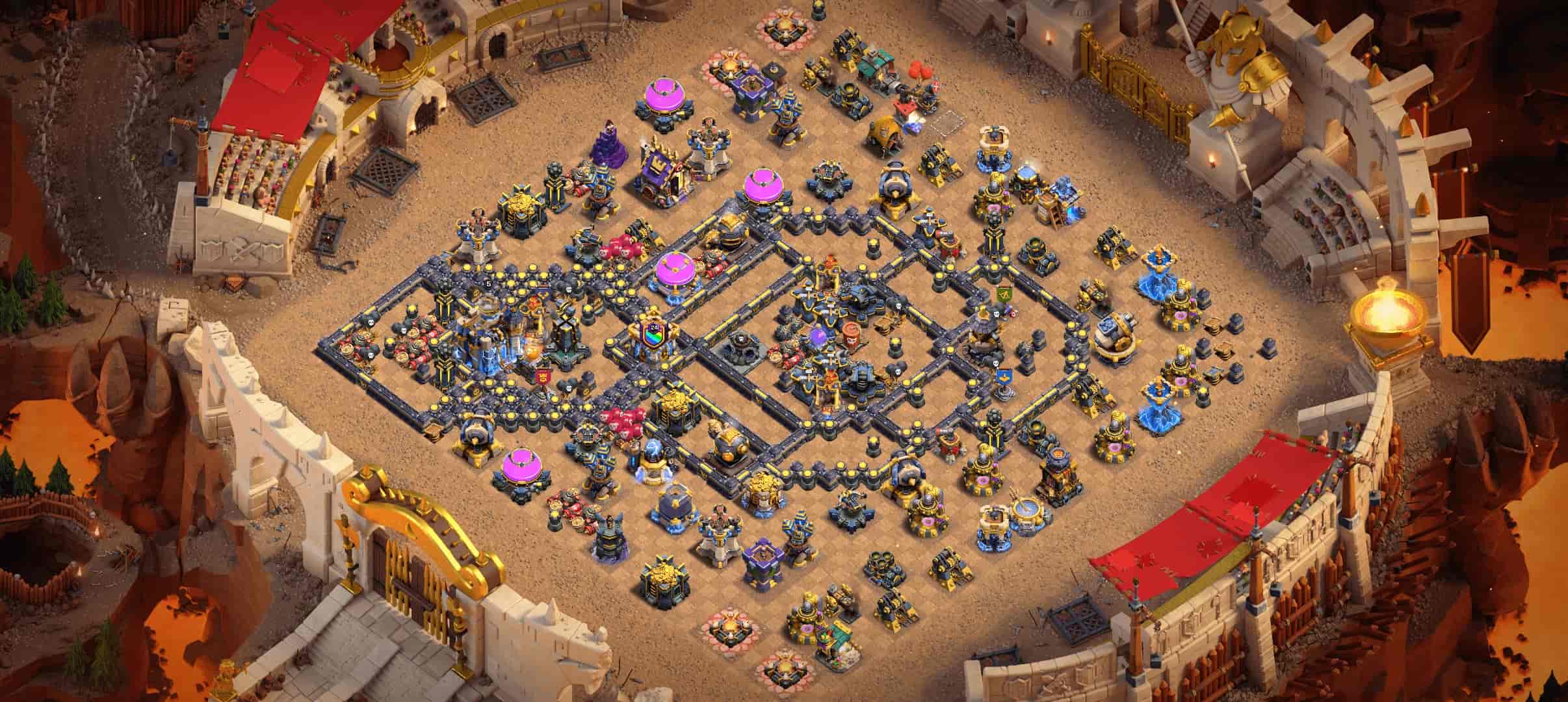 Clash of Clans Anti-Root Rider Base with Town Hall Outside - Home Village TH18 Baseskjermbilde Clash of Clans Anti-Root Rider Base with Town Hall Outside - Home Village TH18 Baseskjermbilde