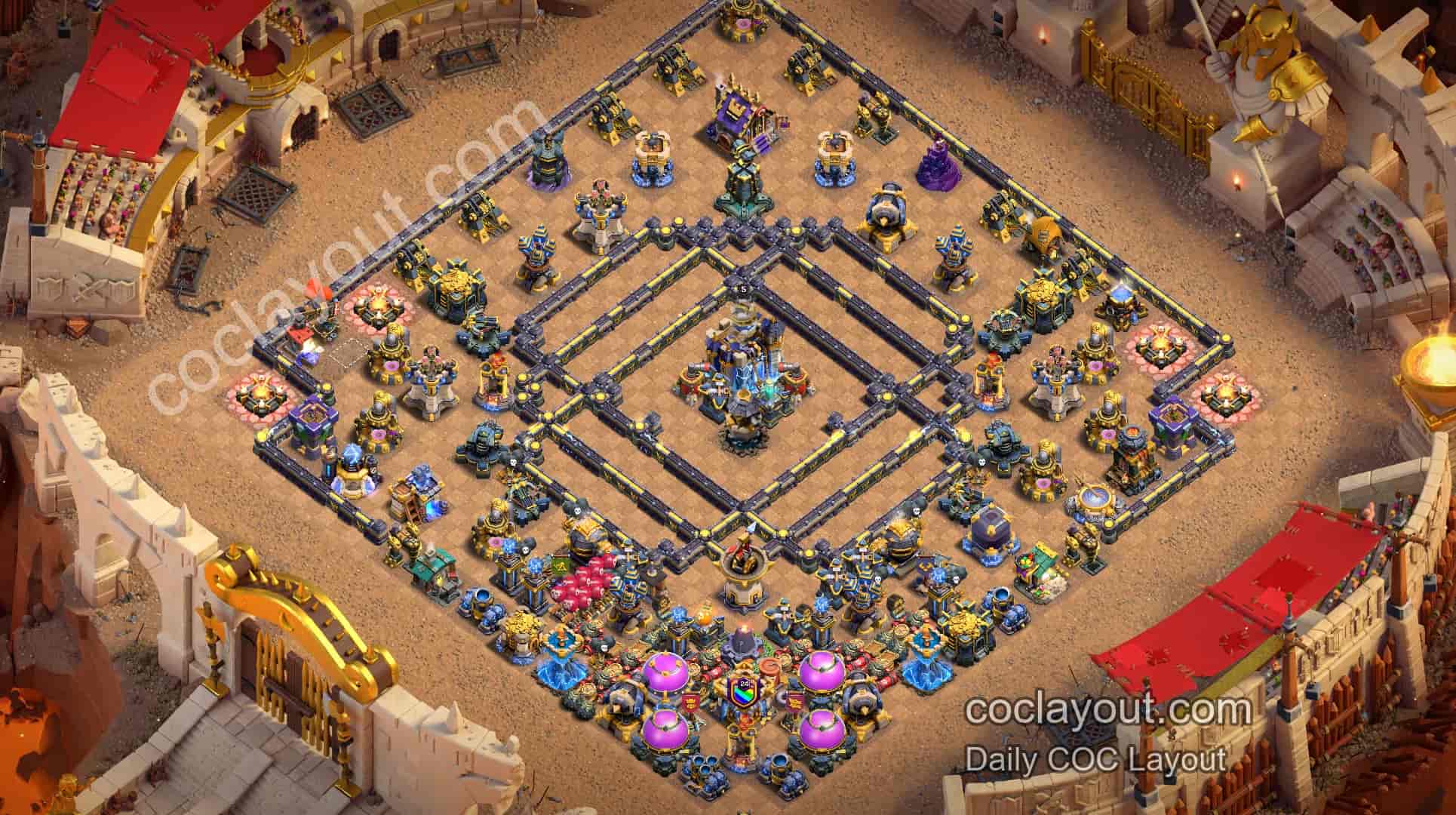 Beste anti-3-stjerners ringbase for TH18 i Clash of Clans - Home Village TH18 Basebilde Beste anti-3-stjerners ringbase for TH18 i Clash of Clans - Home Village TH18 Basebilde